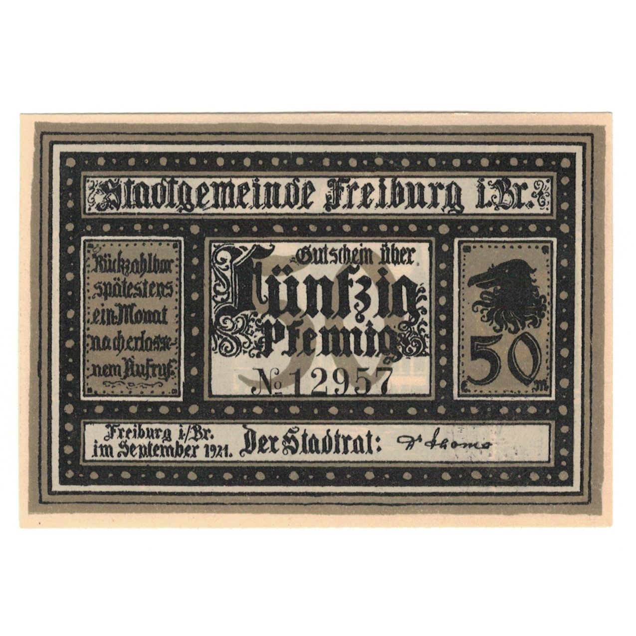 Geldschein, Deutschland, Freiburg i. Br. Stadt, 50 Pfennig, rue, 1921, UNZ