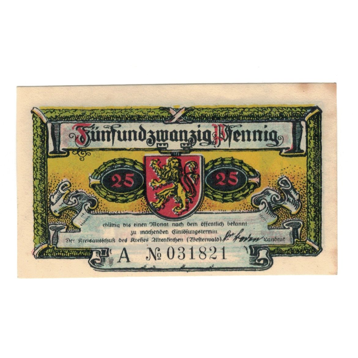 Banknote, Germany, Altenkirchen Kreis, 25 Pfennig, paysage, 1921, UNC(65-70)