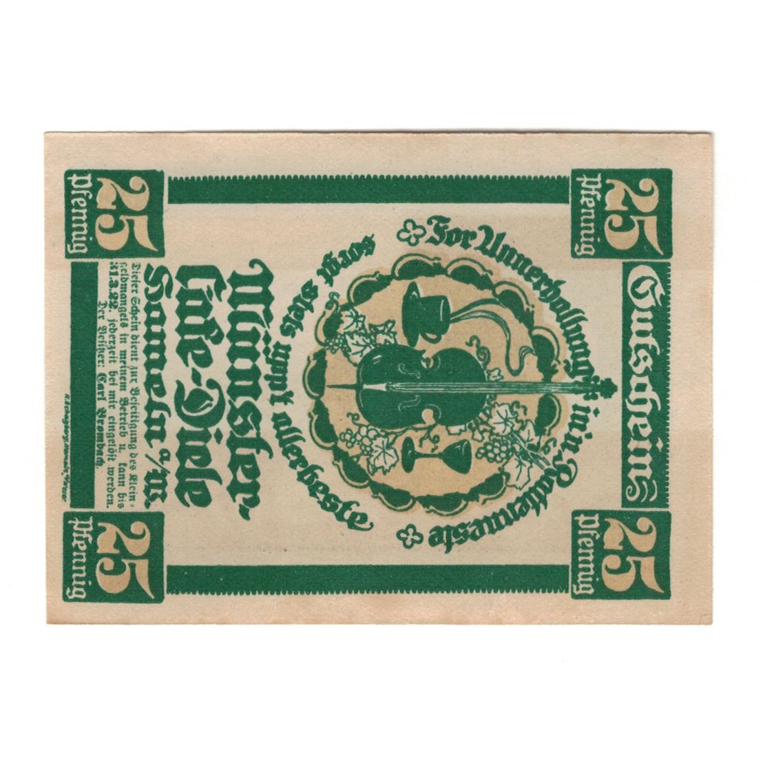 Banknote, Germany, Hameln Münster-Café-Diele, 25 Pfennig, personnage, 1922