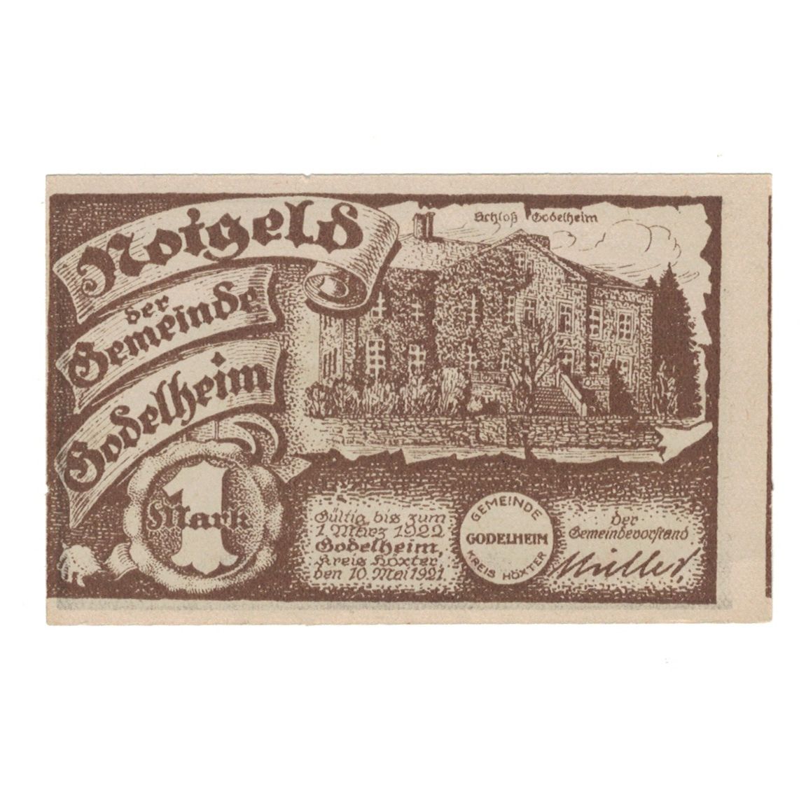 Biljet, Duitsland, Godelheim Gemeinde, 1 Mark, Maison, 1922, 1922-02-01, NIEUW