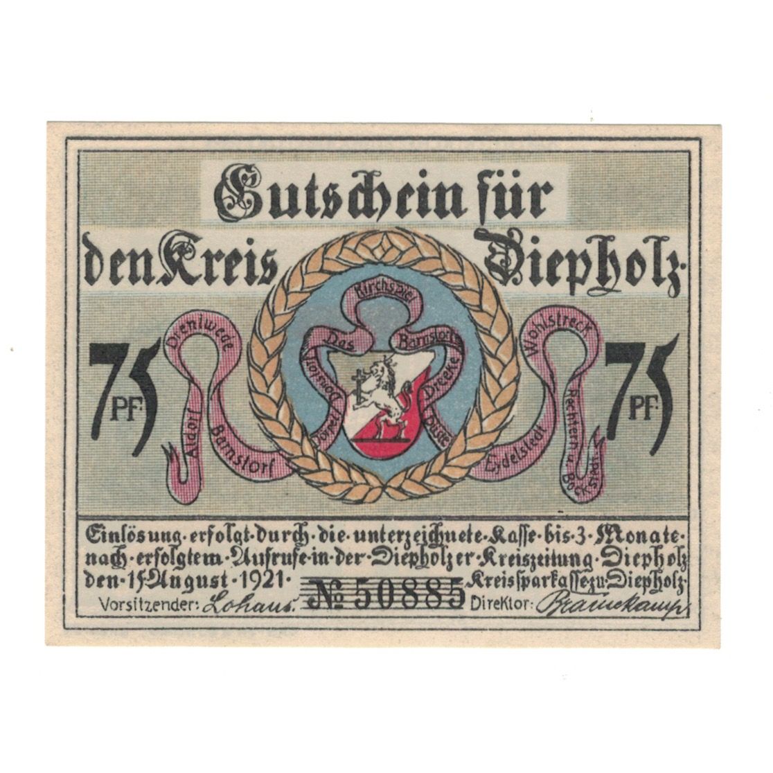 Banknote, Germany, Diepholz Kreis, 75 Pfennig, Animaux, 1921, 1921-08-15