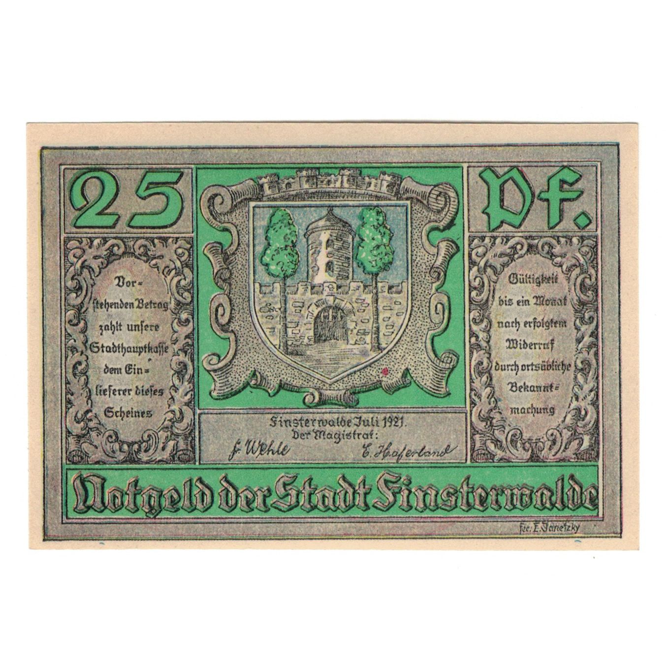 Banknote, Germany, Finsterwalde N.L. Stadt, 25 Pfennig, personnage, 1921
