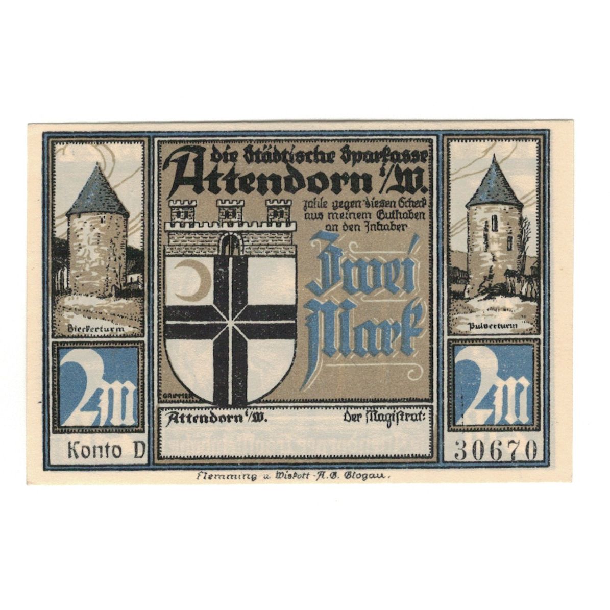 Banknote, Germany, Attendorn Magistrat, 2 Mark, paysage, 1922, UNC(65-70)