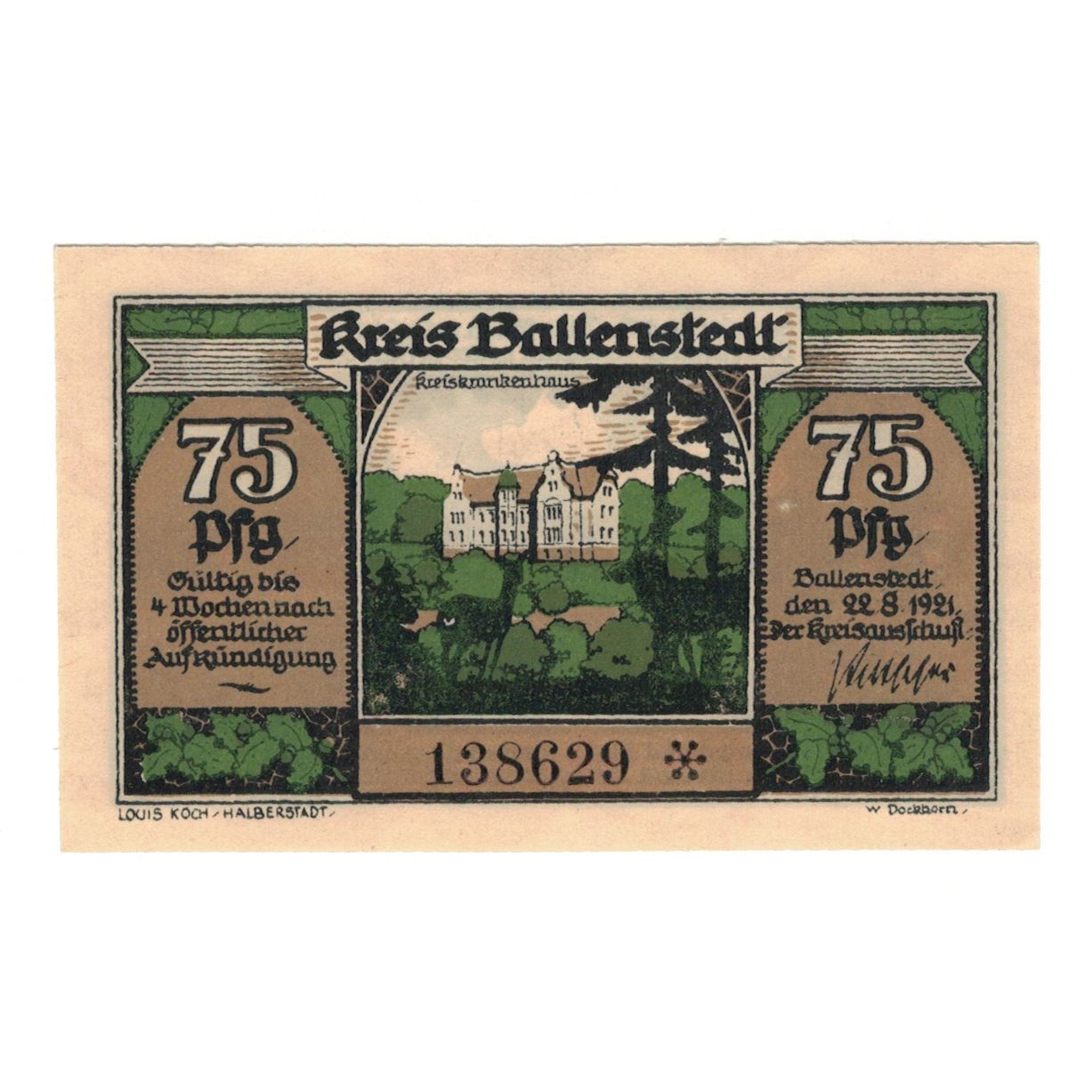 Banknote, Germany, Ballenstedt am Harz Kreis, 75 Pfennig, Maison, 1921