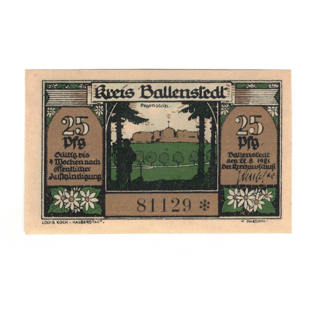 Banknote, Germany, Ballenstedt am Harz Kreis, 25 Pfennig, Monument, 1921