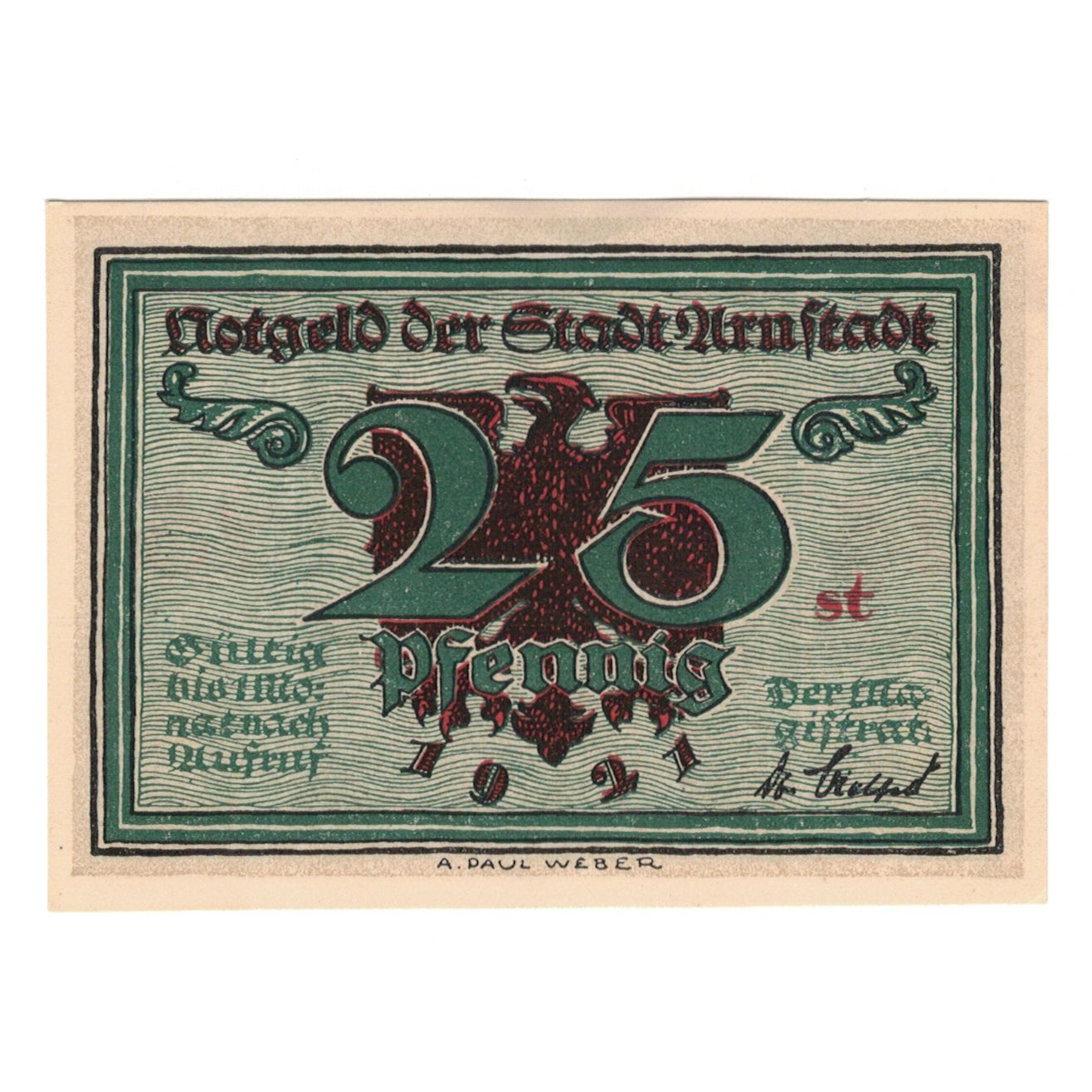 Banknot, Niemcy, Arnstadt Stadt, 25 Pfennig, Monument, 1921, UNC(65-70)