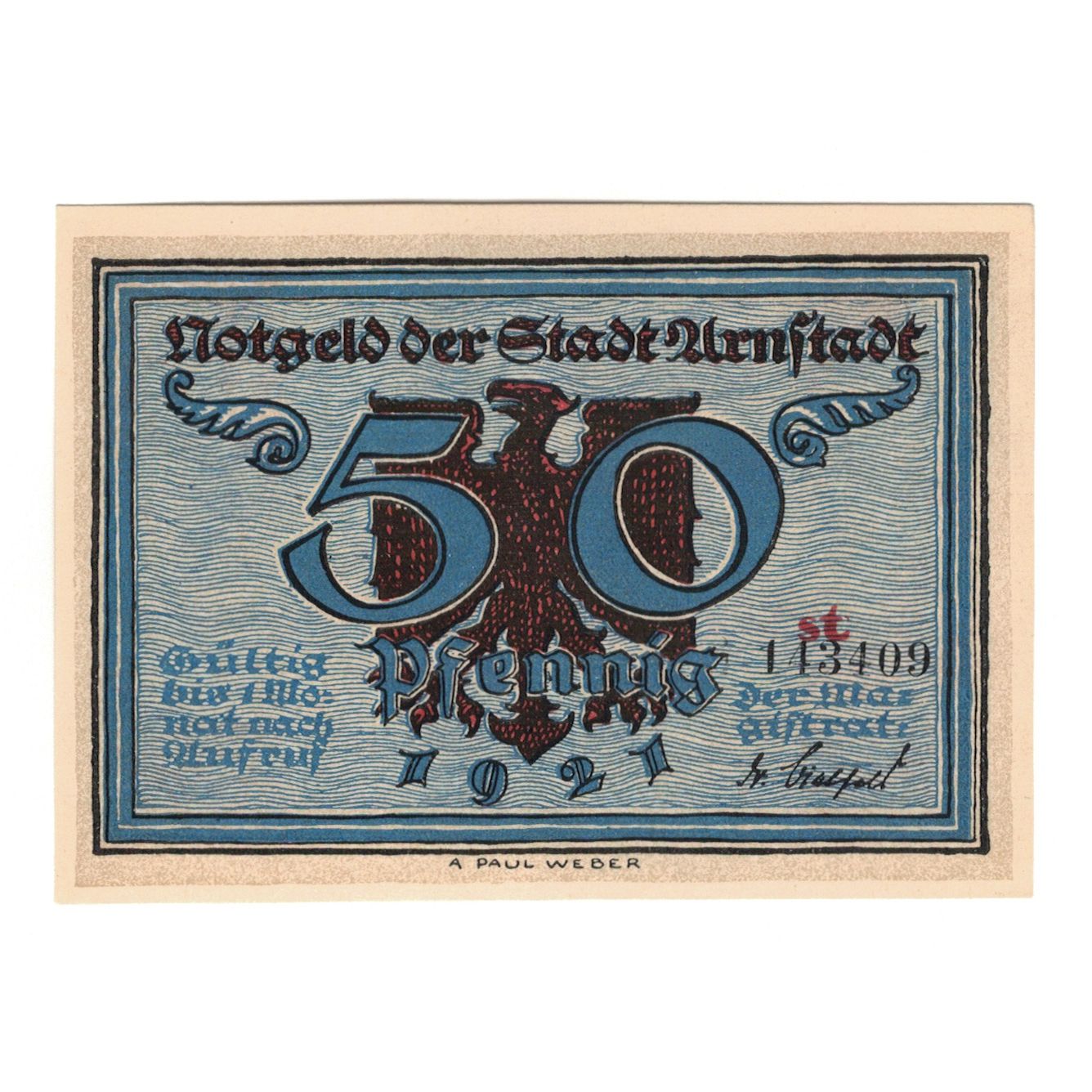 Banknote, Germany, Arnstadt Stadt, 50 Pfennig, village, 1921, UNC(65-70)