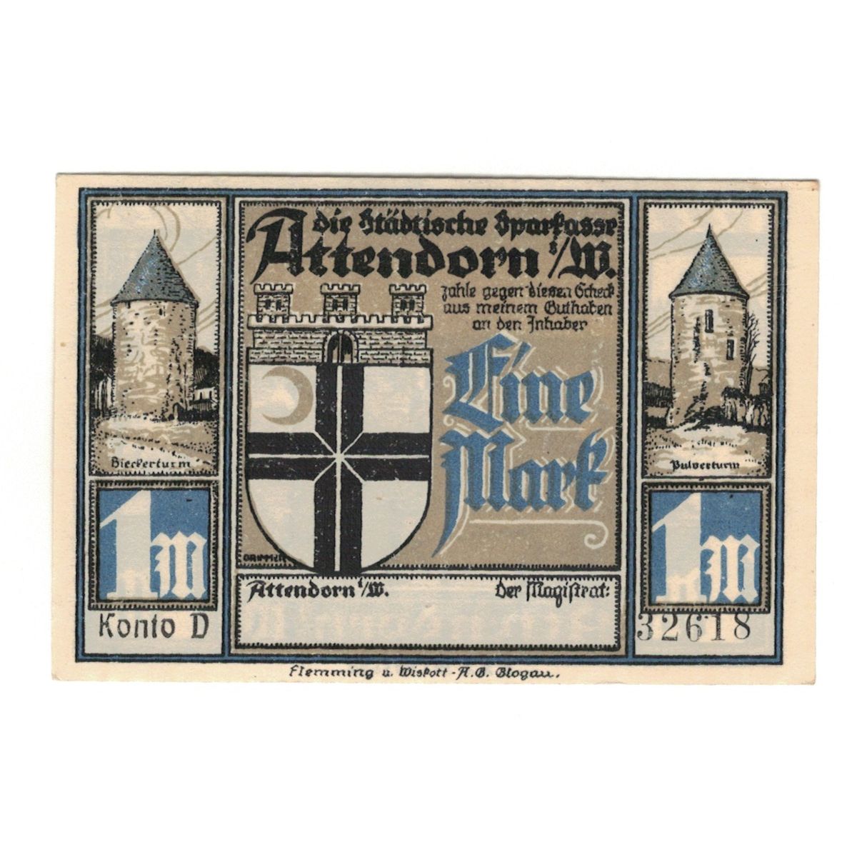 Biljet, Duitsland, Attendorn Magistrat, 1 Mark, paysage, 1922, NIEUW, Mehl:51.1