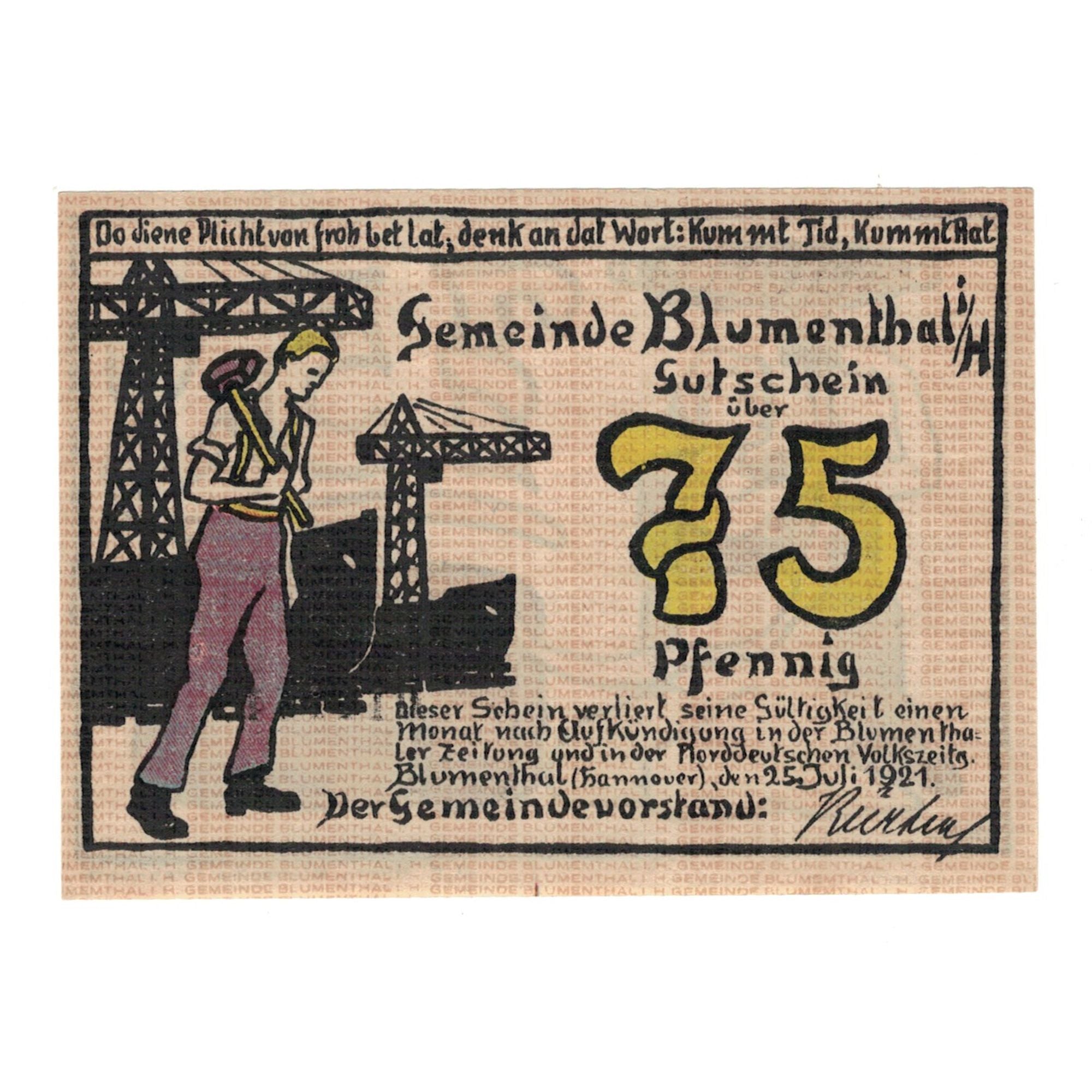 Banknote, Germany, Blumenthal Gemeinde, 75 Pfennig, personnage, 1921