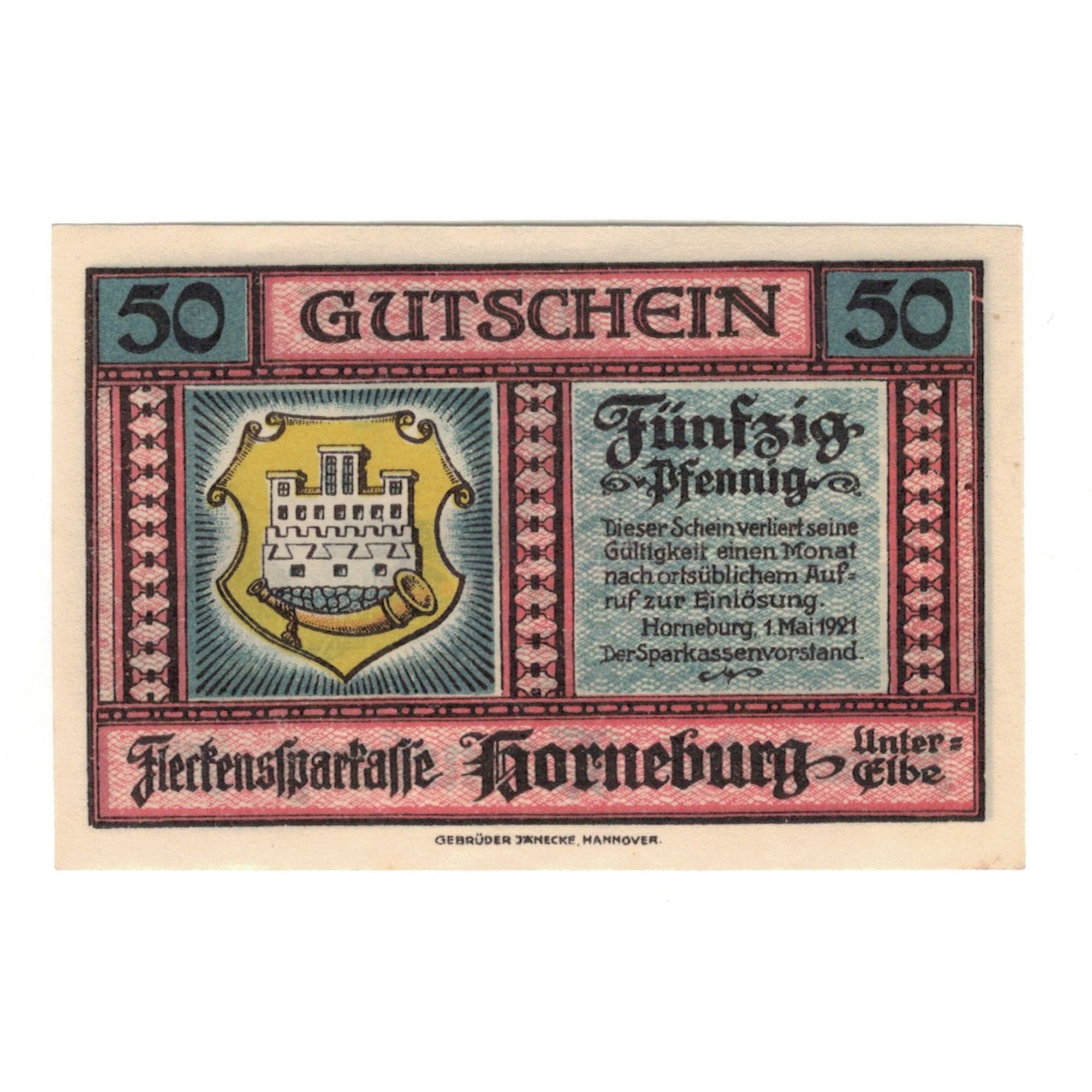 Banknote, Germany, Horneburg Fleckenssparkasse, 50 Pfennig, Maison, 1921