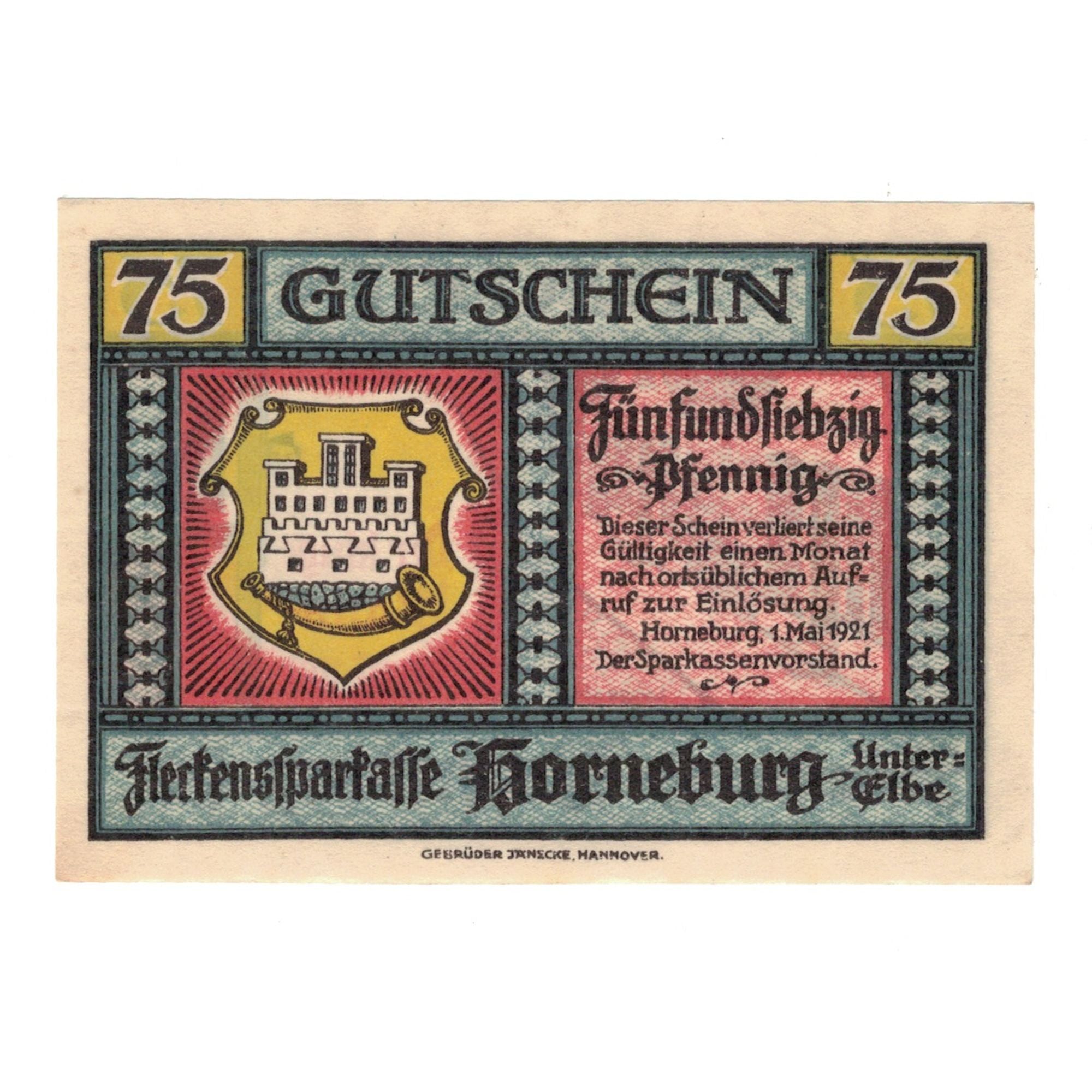 Banknote, Germany, Horneburg Fleckenssparkasse, 75 Pfennig, rue, 1921