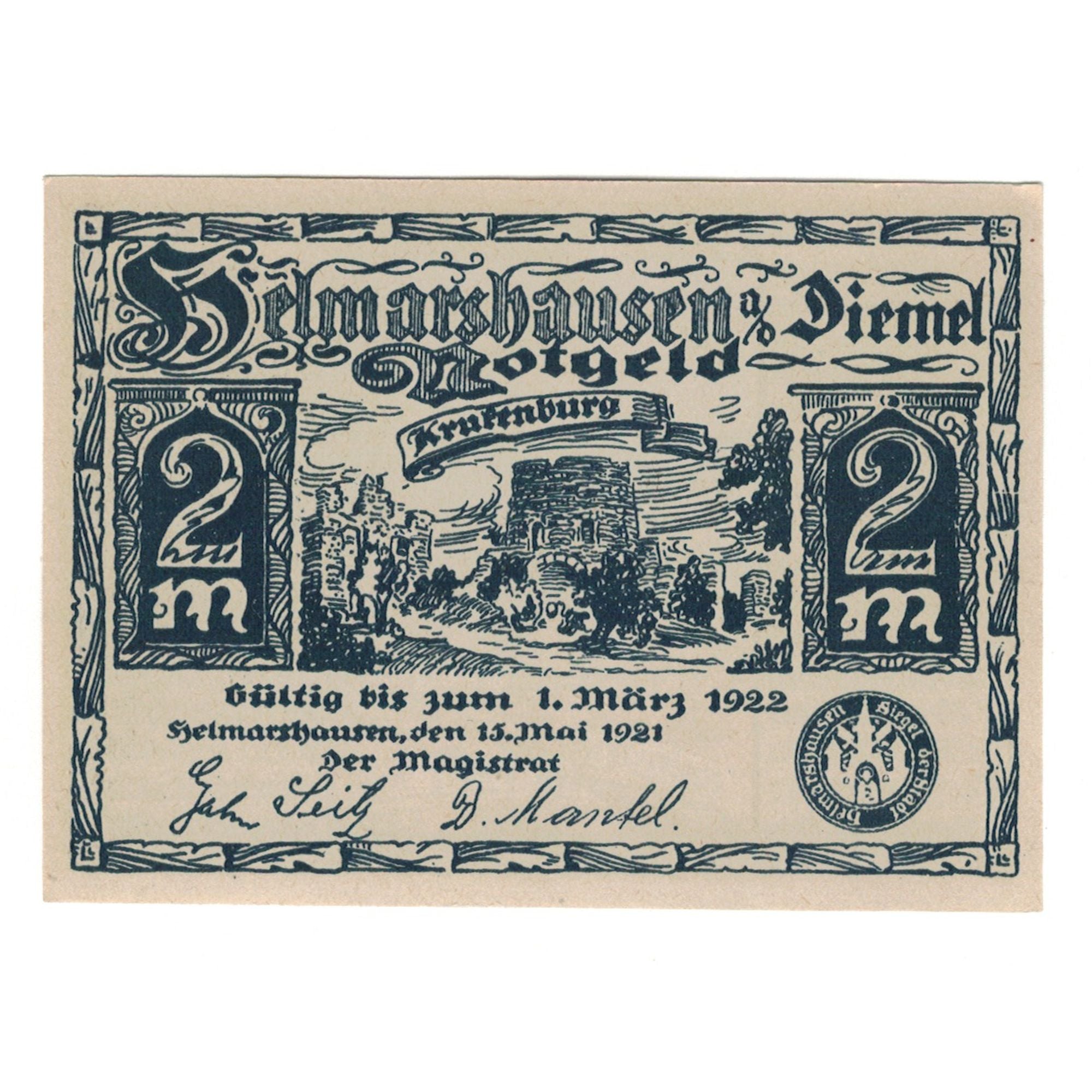 Banknote, Germany, Helmarshausen Stadt, 2 Mark, personnage 1, 1922, 1922-03-01