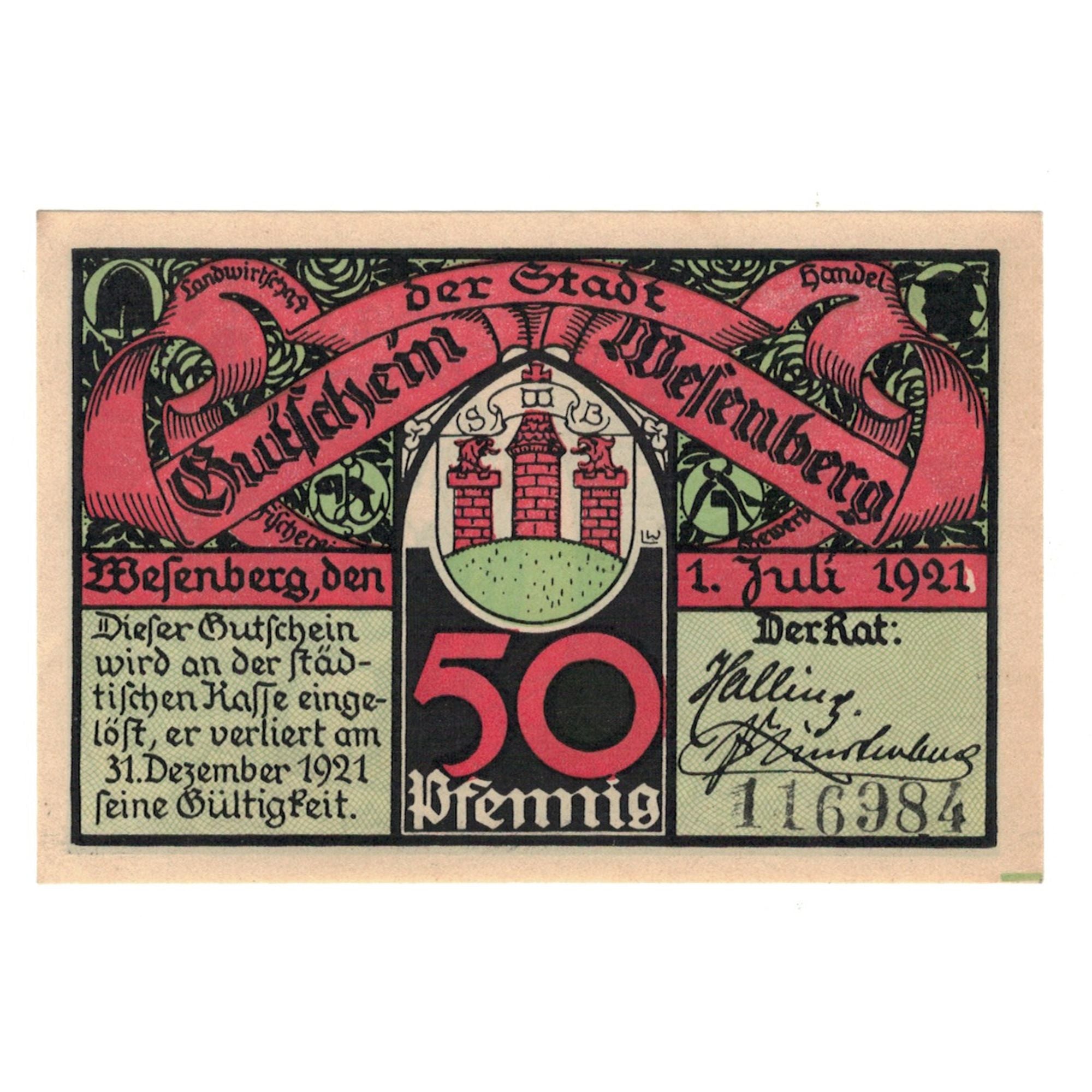 Banknote, Germany, Wesenberg Stadt, 50 Pfennig, personnage, 1921, 1921-07-01