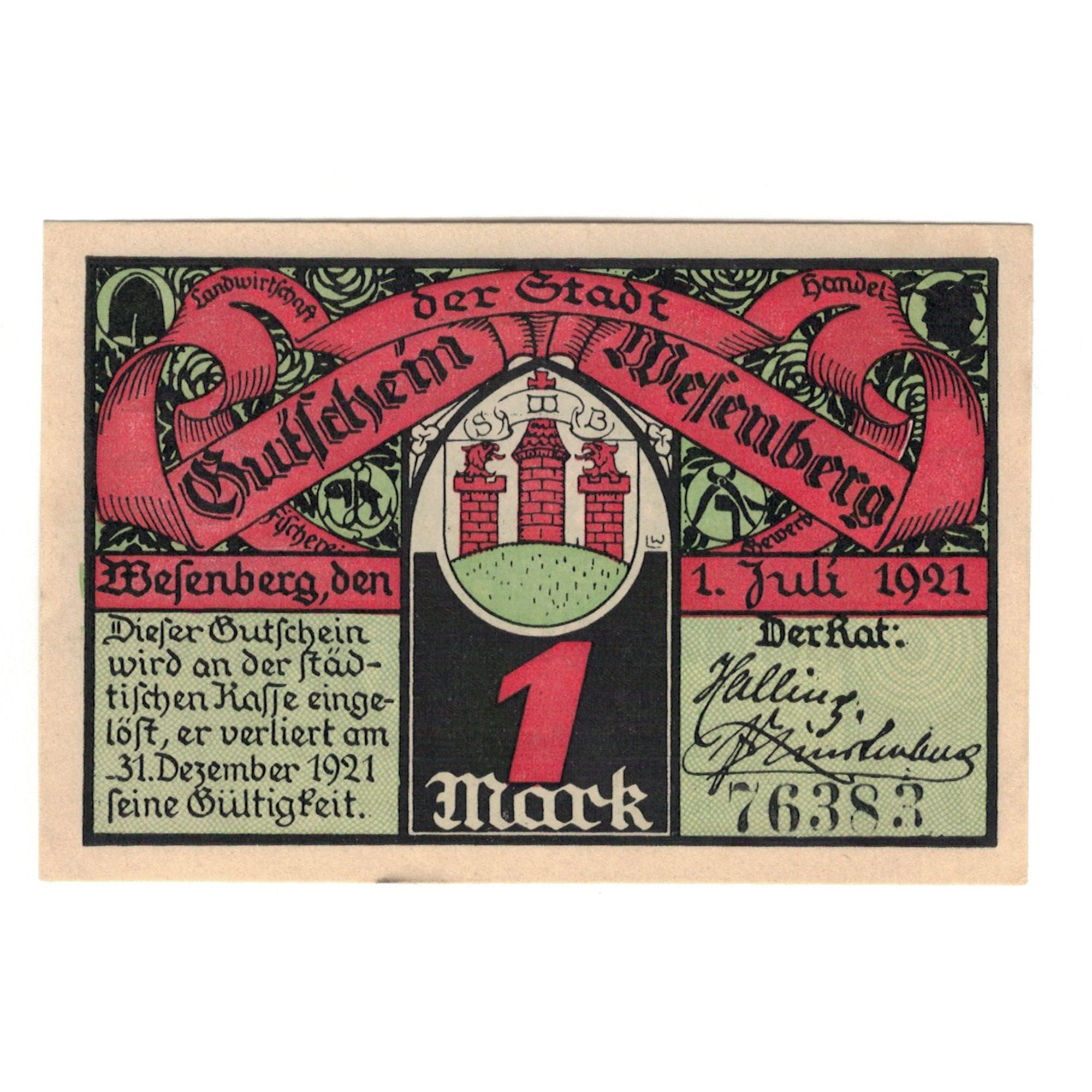 Geldschein, Deutschland, Wesenberg Stadt, 1 Mark, personnage, 1921, 1921-07-01