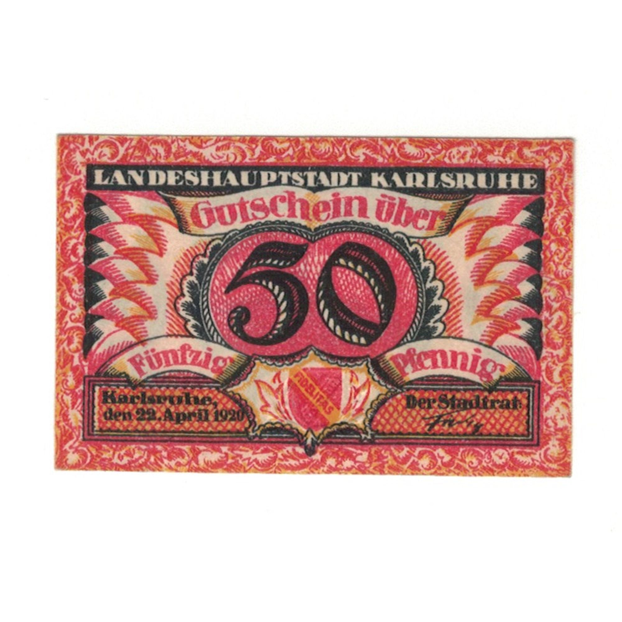 Biljet, Duitsland, Karlsruhe Stadt, 50 Pfennig, Monument, 1920, 1920-04-22