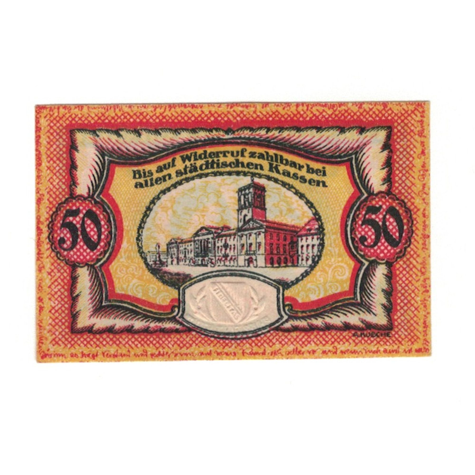 Biljet, Duitsland, Karlsruhe Stadt, 50 Pfennig, Monument, 1920, 1920-04-22