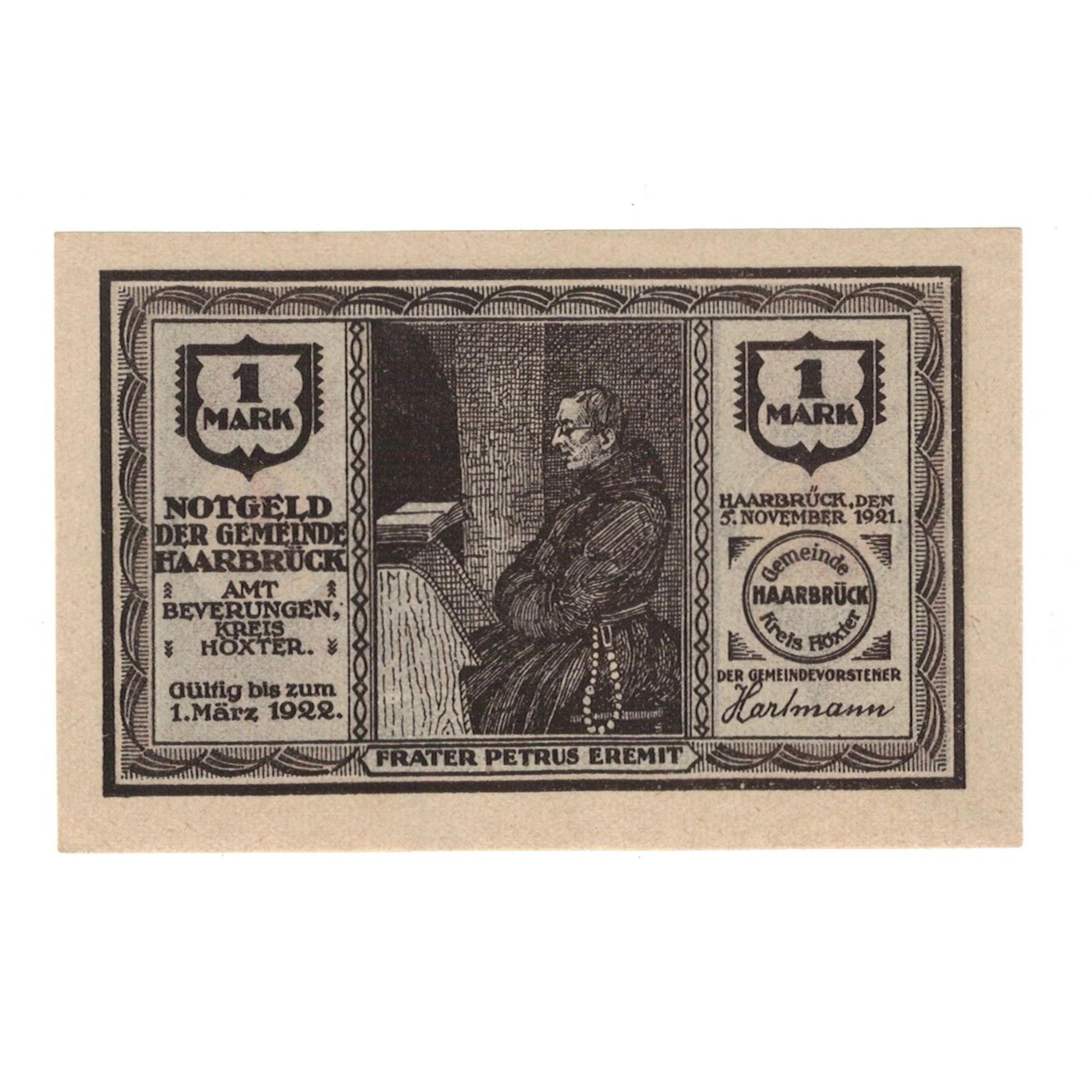 Biljet, Duitsland, Haarbrück Gemeinde, 1 Mark, personnage, 1922, 1922-03-01