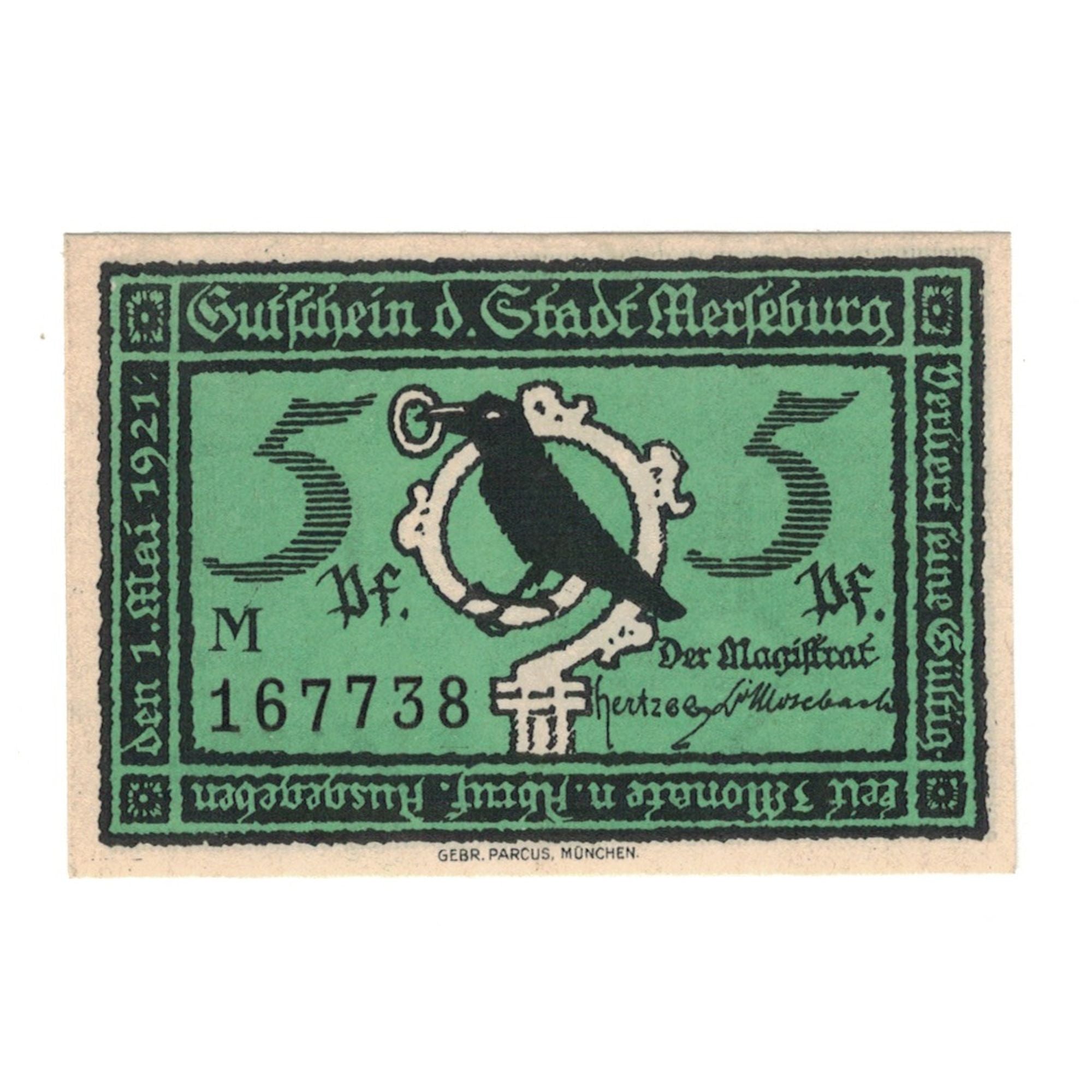 Biljet, Duitsland, Merseburg Stadt, 5 Pfennig, personnage, 1921, 1921-05-01