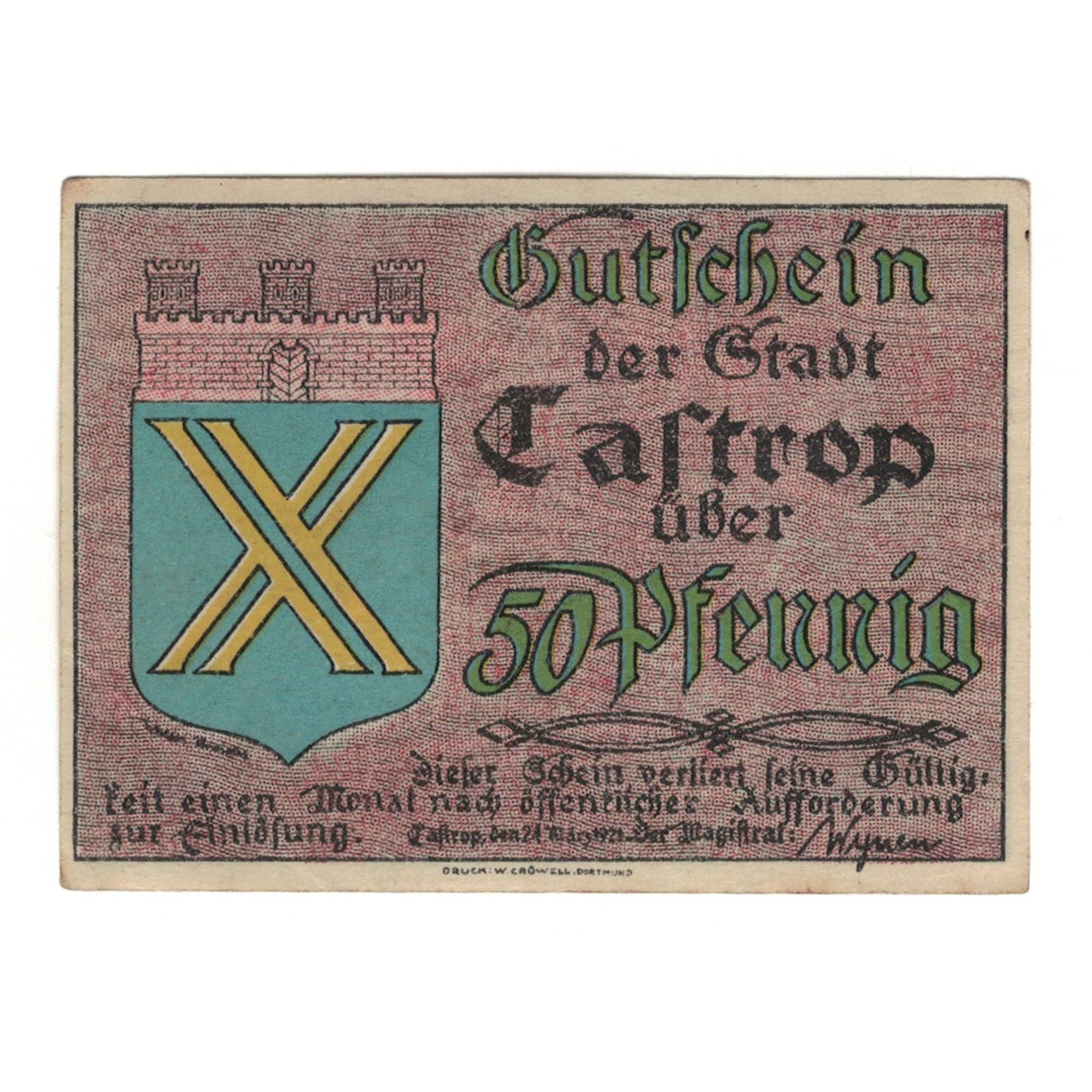 Billet, Allemagne, Castrop Stadt, 50 Pfennig, cavalier, 1921, 1921-03-24, NEUF