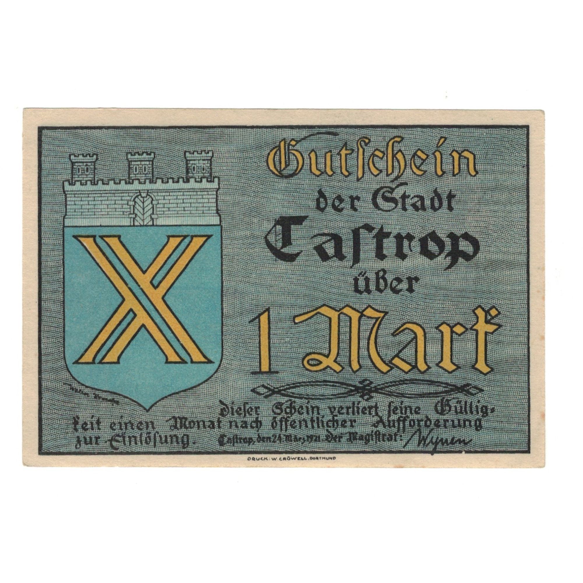 Geldschein, Deutschland, Castrop Stadt, 1 Mark, personnage, 1921, 1921-03-24