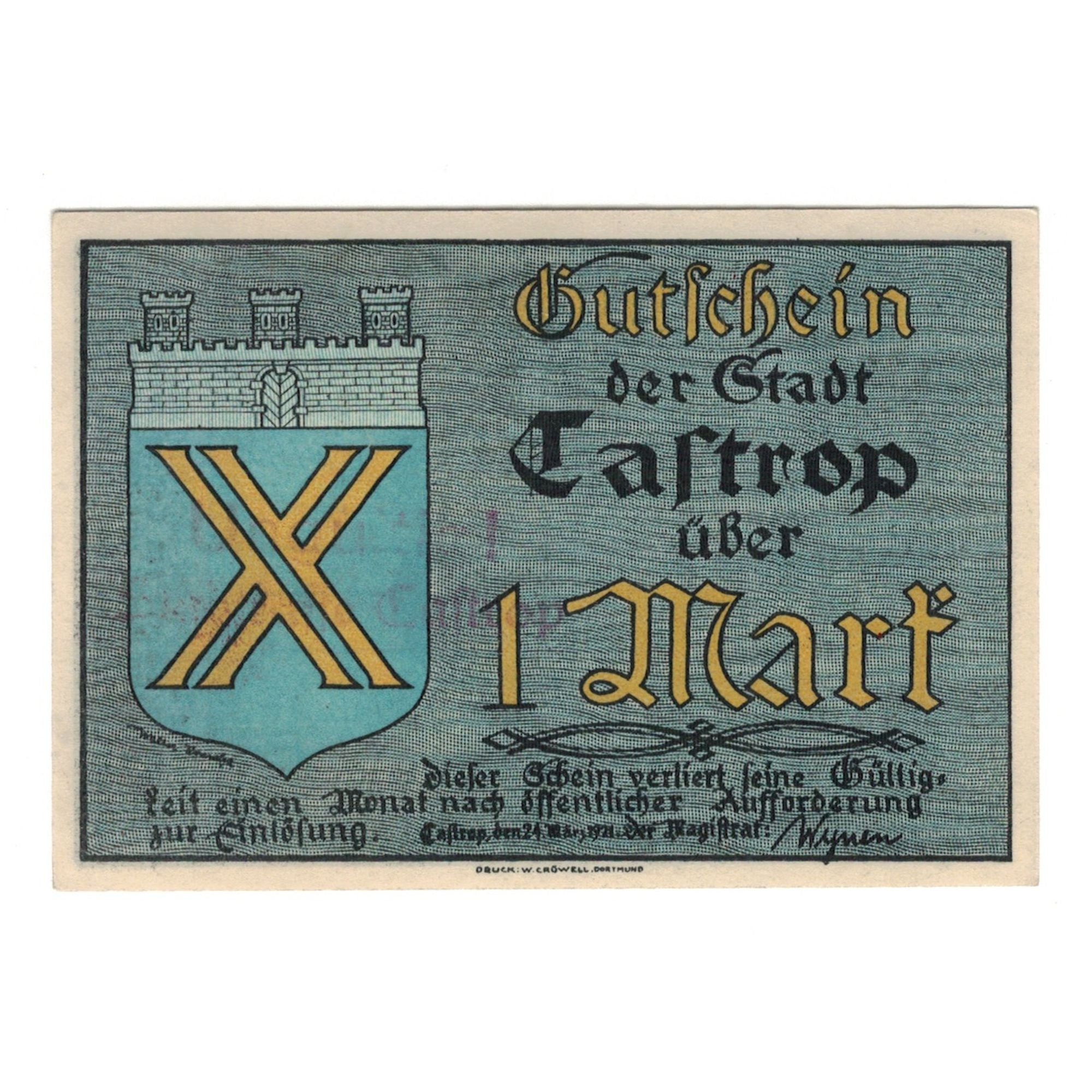 Banknote, Germany, Castrop Stadt, 1 Mark, personnage 1, 1921, 1921-03-24