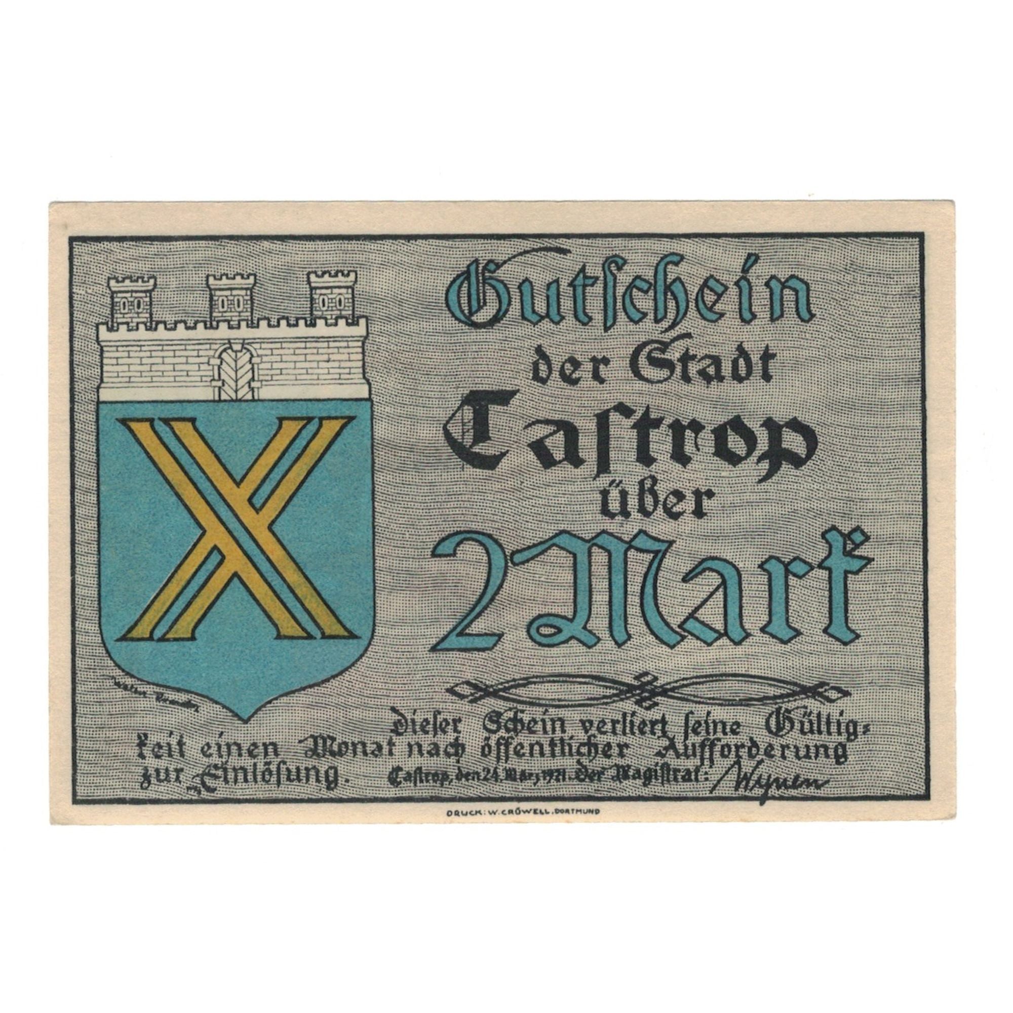Geldschein, Deutschland, Castrop Stadt, 2 Mark, personnage 1, 1921, 1921-03-24
