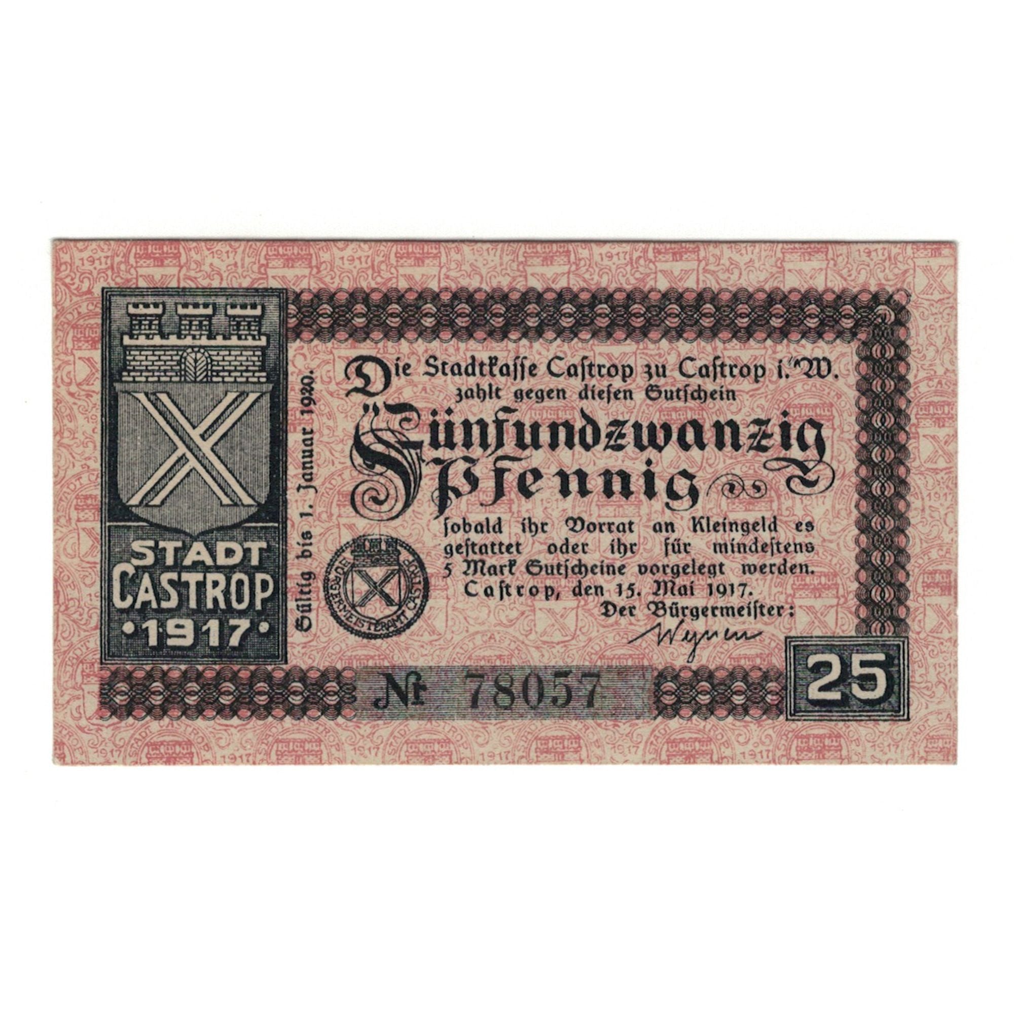 Billet, Allemagne, Castrop Stadt, 25 Pfennig, Texte, 1917, 1917-05-15, NEUF