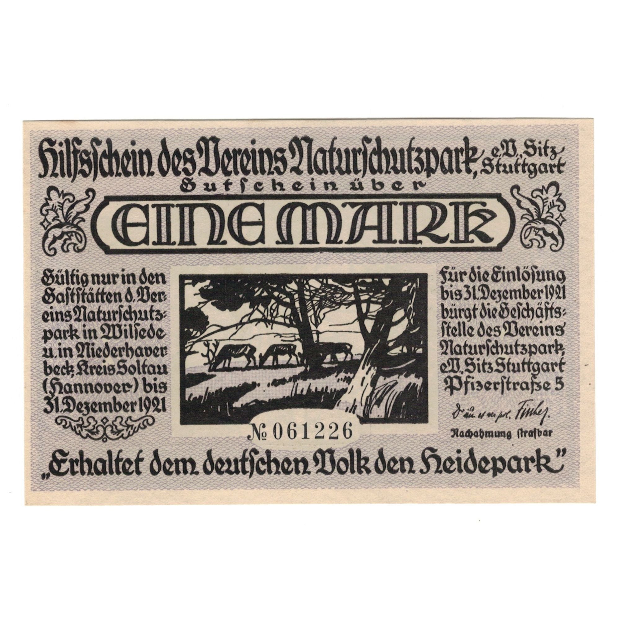 Banknote, Germany, Stuttgart Verein Naturschutzpark e.V., 1 Mark, paysage, 1921