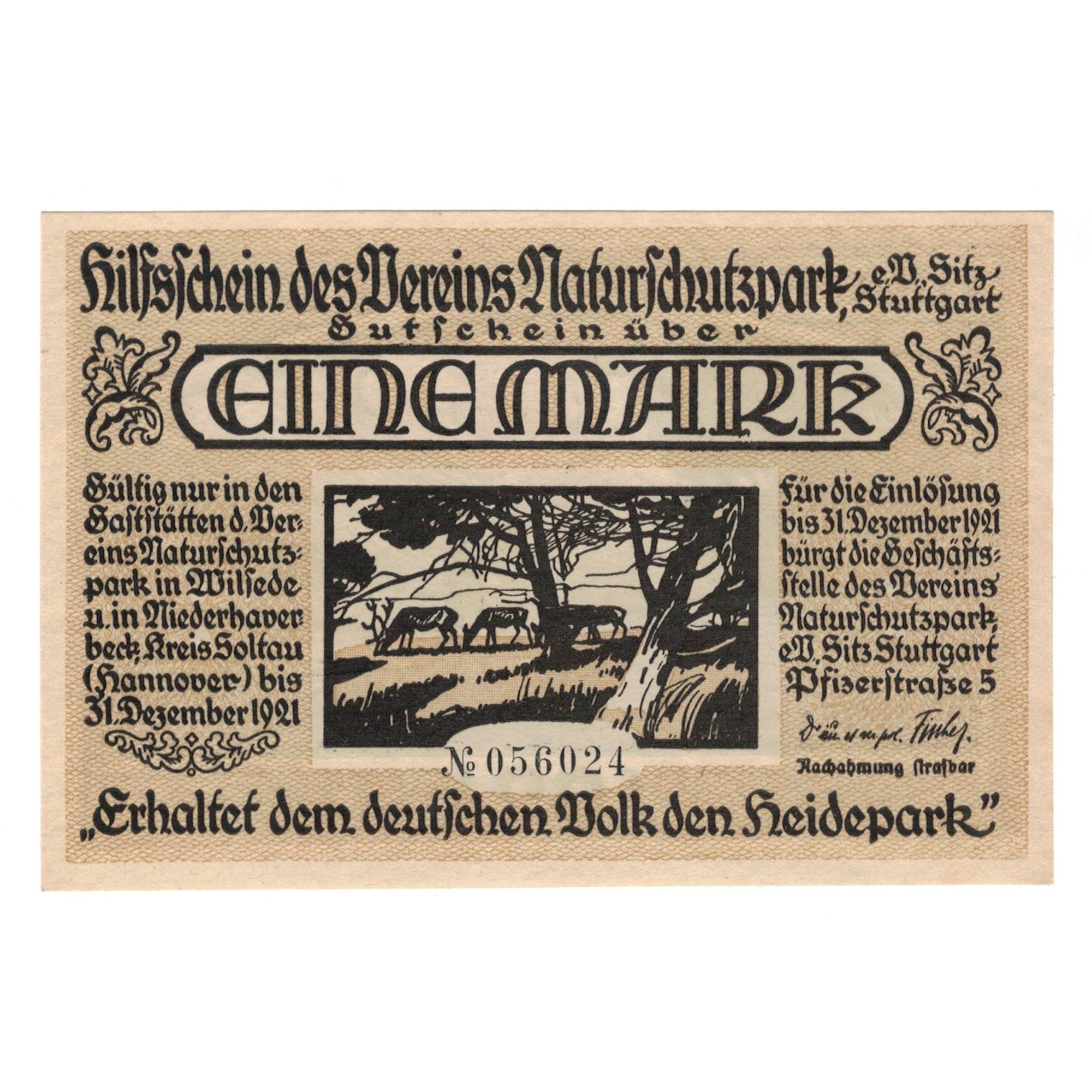 Banknote, Germany, Stuttgart Verein Naturschutzpark e.V., 1 Mark, personnage