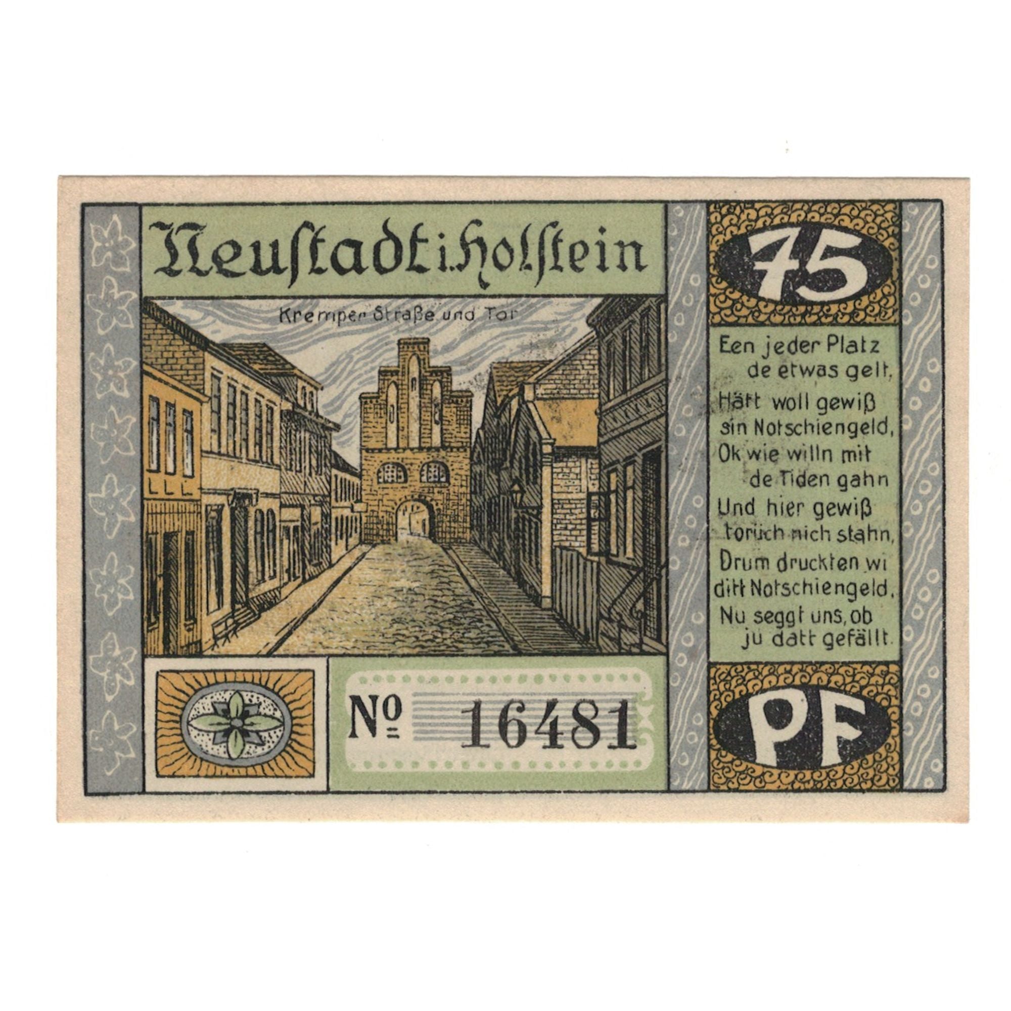 Biljet, Duitsland, Neustadt i. Holstein Stadt, 75 Pfennig, village, 1921
