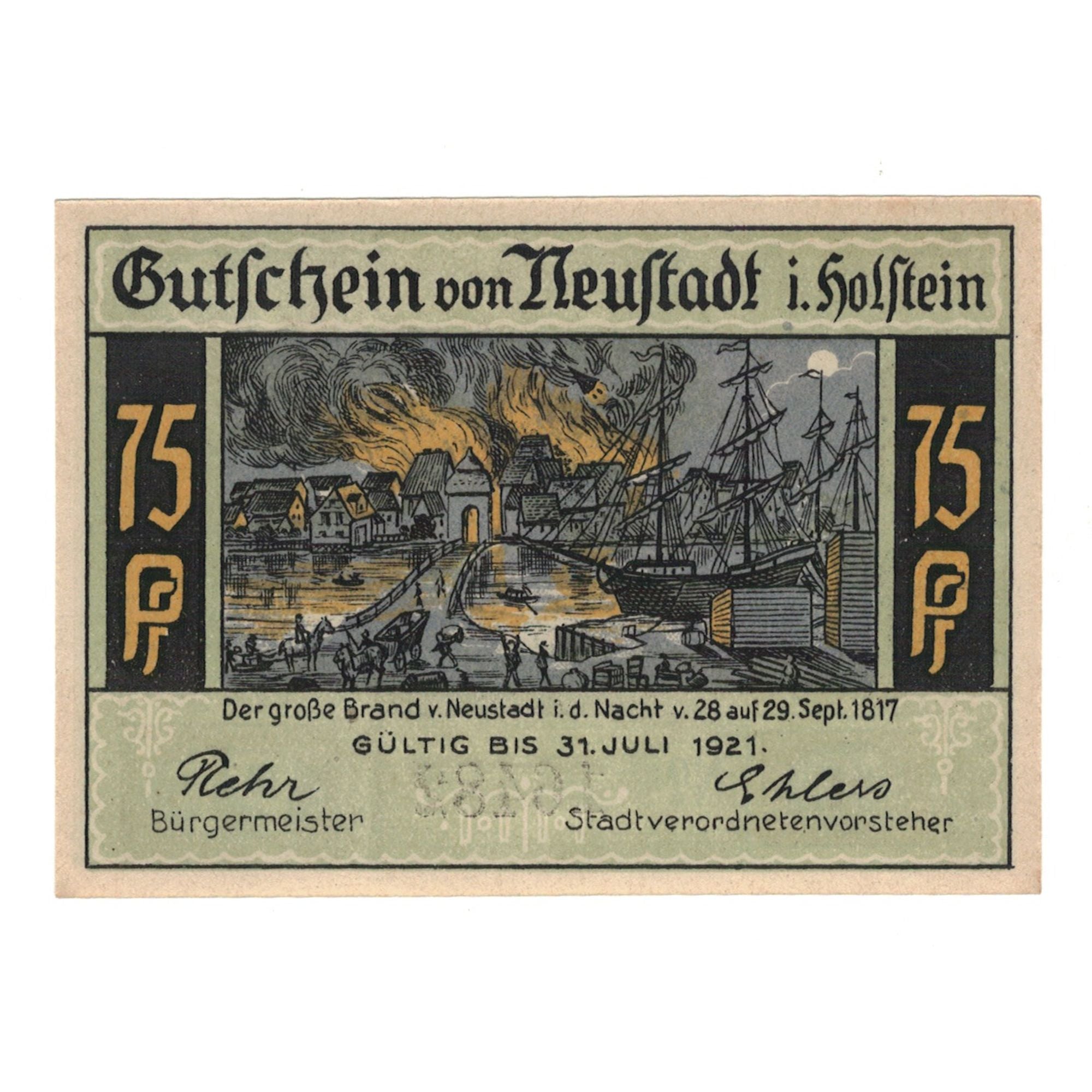 Biljet, Duitsland, Neustadt i. Holstein Stadt, 75 Pfennig, village, 1921