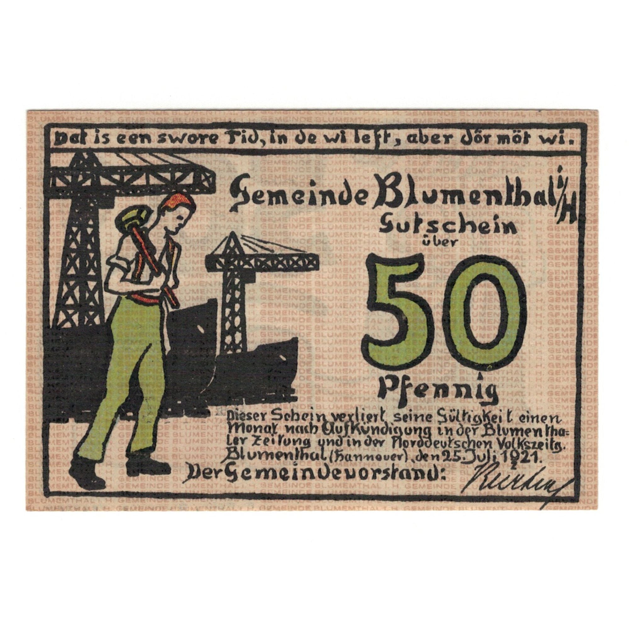 Banknote, Germany, Blumenthal Gemeinde, 50 Pfennig, personnage, 1921