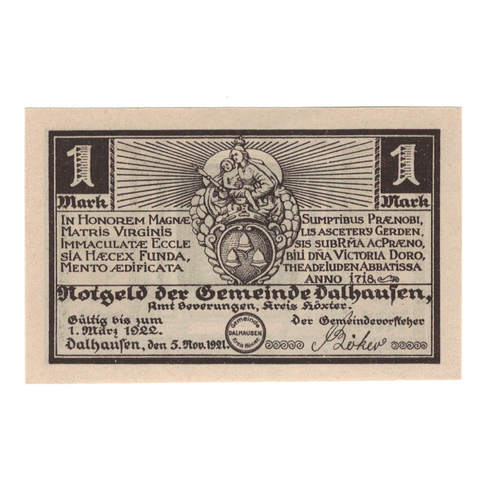 Banknot, Niemcy, Dalhausen Gemeinde, 1 Mark, personnage, 1922, 1922-03-01