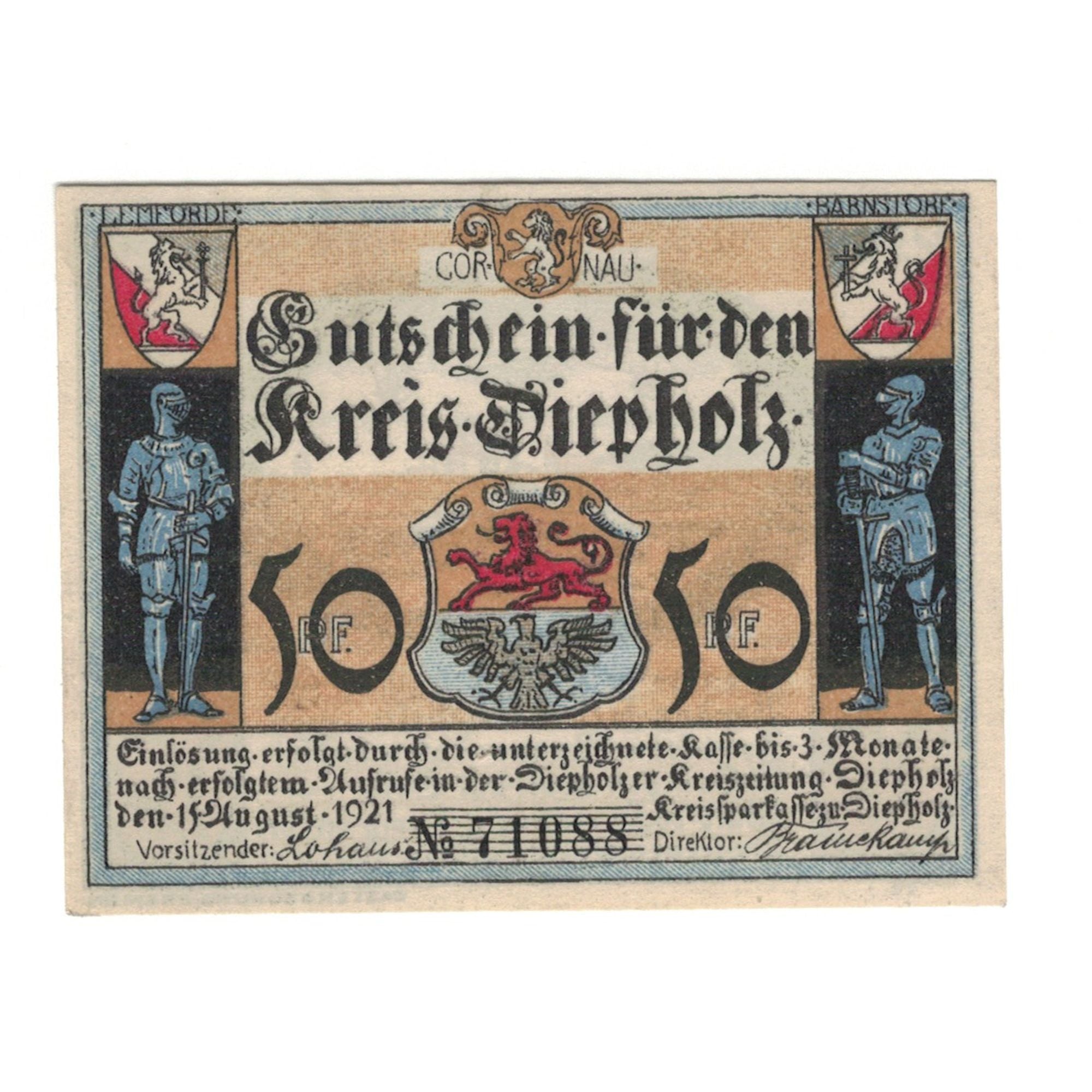 Biljet, Duitsland, Diepholz Kreis, 50 Pfennig, village, 1921, 1921-08-15, NIEUW