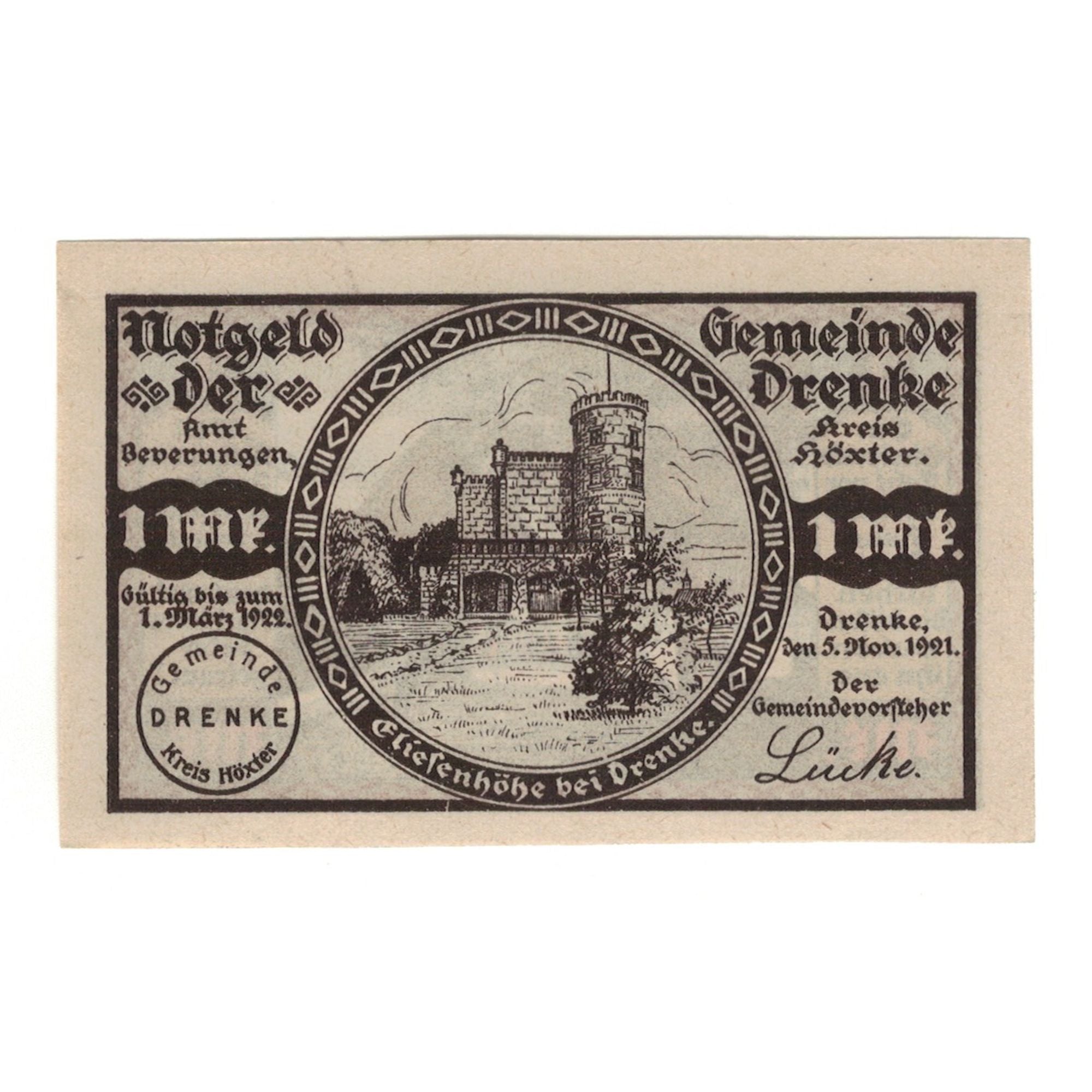 Banknote, Germany, Drenke Gemeinde, 1 Mark, château, 1922, 1922-03-01