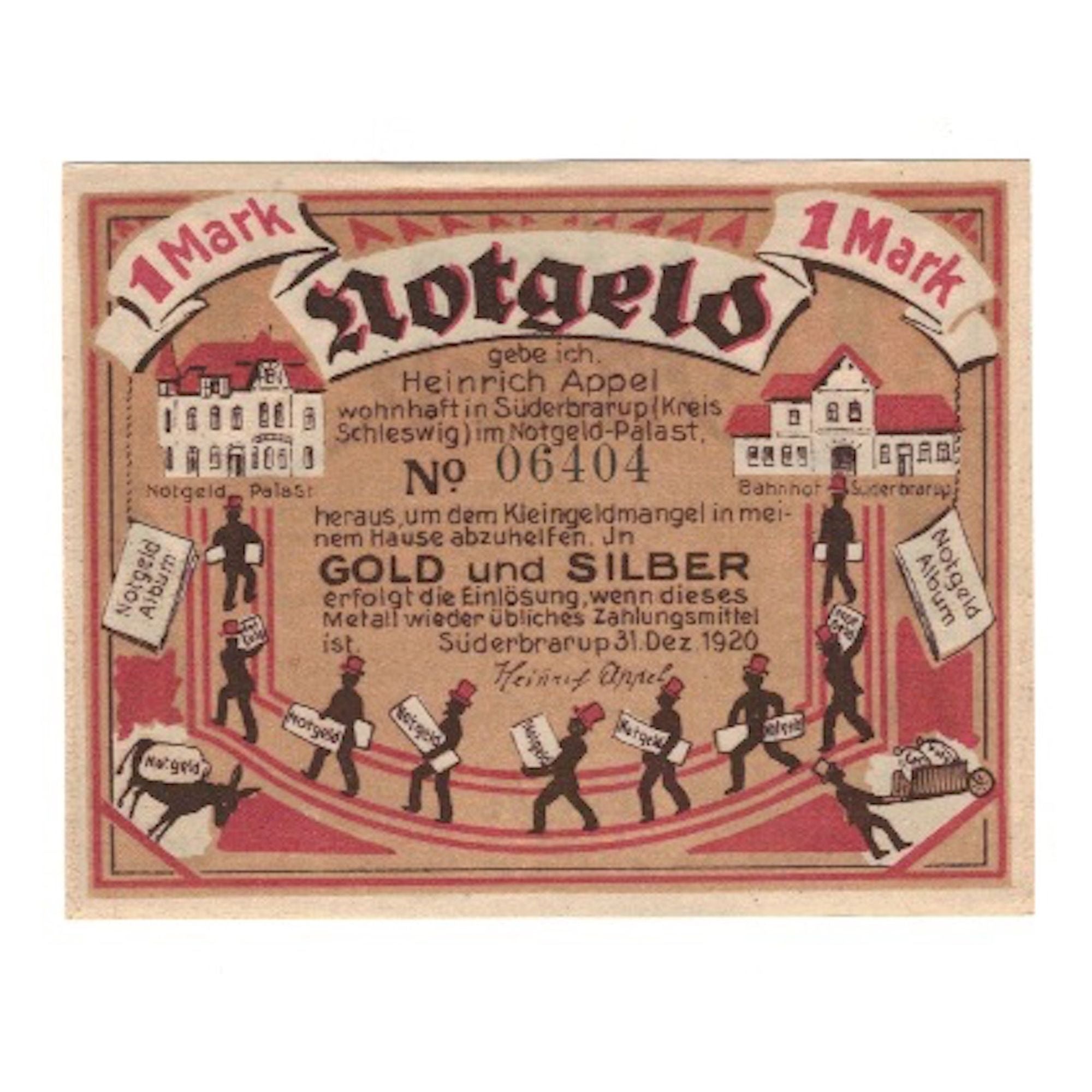 Billete, Alemania, Süderbrarup Heinrich Appel, Notgeld-Palast, 1 Mark