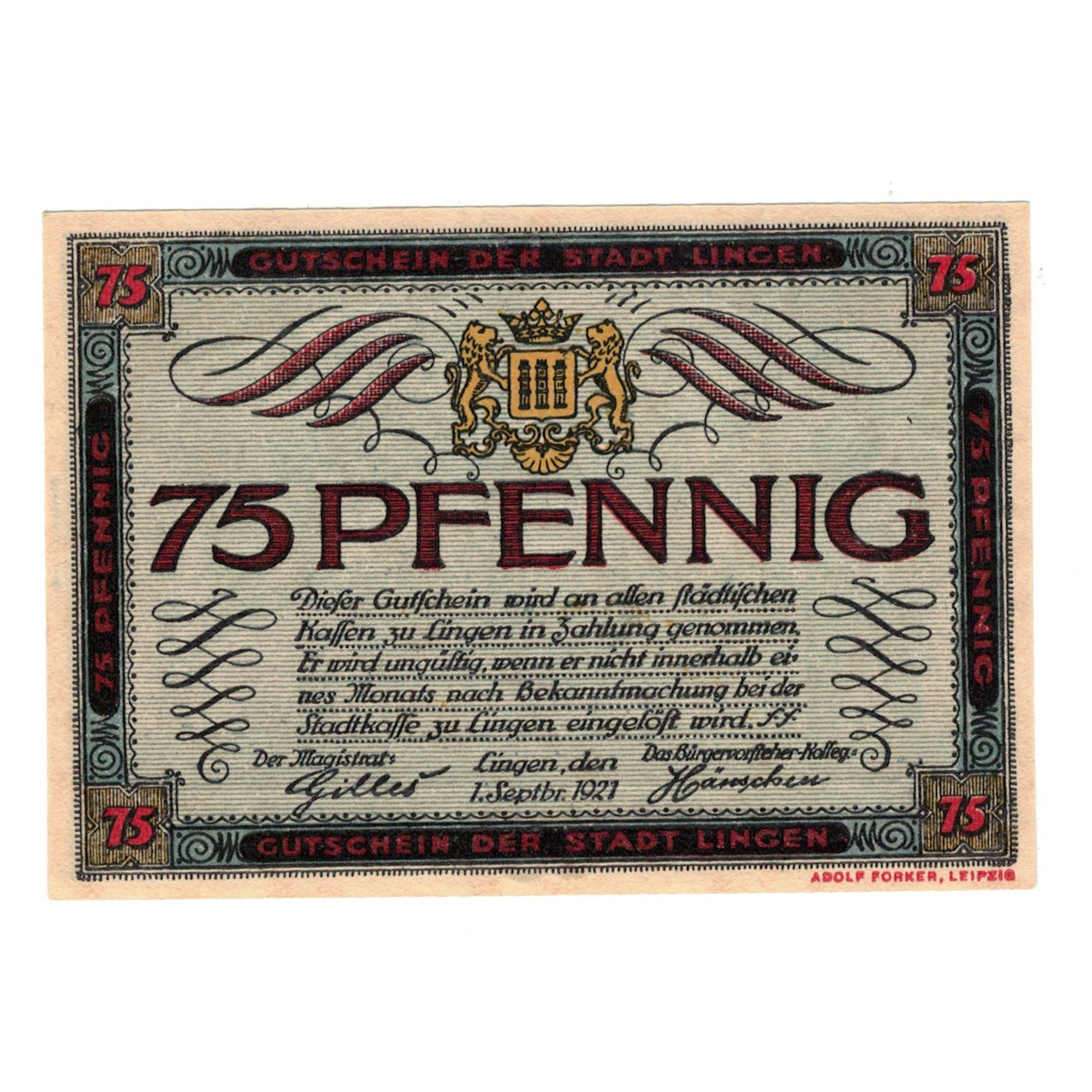 Banknote, Germany, Lingen Stadt, 75 Pfennig, personnage, 1921, 1921-09-01
