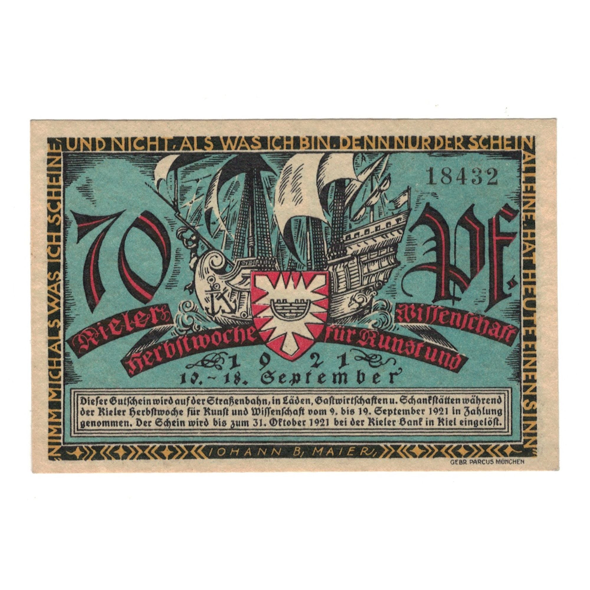 Billet, Allemagne, Kiel Kieler Herbstwoche für Kunst und Wissenschaft, 70