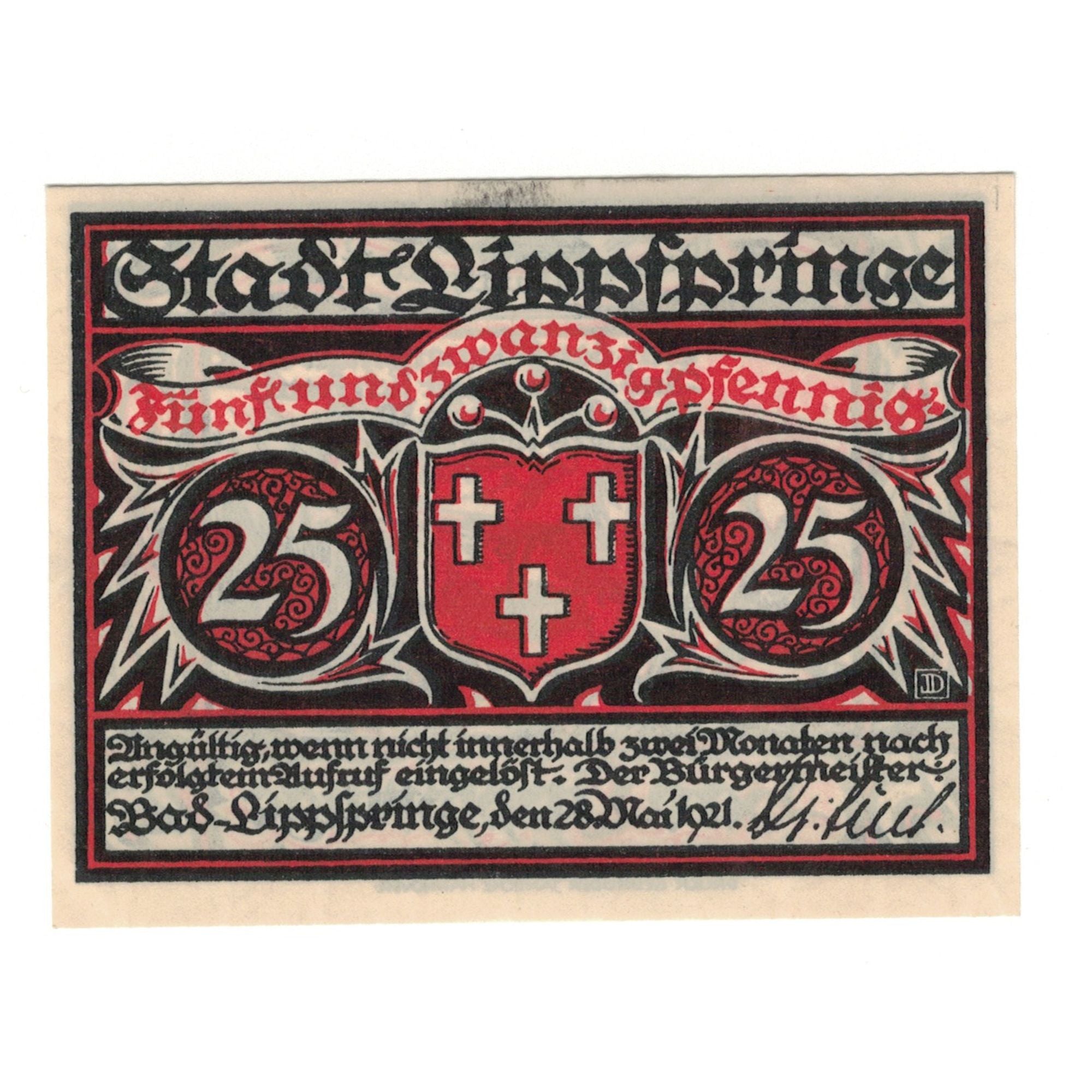 Banknote, Germany, Lippspring, 25 Pfennig, village, 1921, 1921-05-28