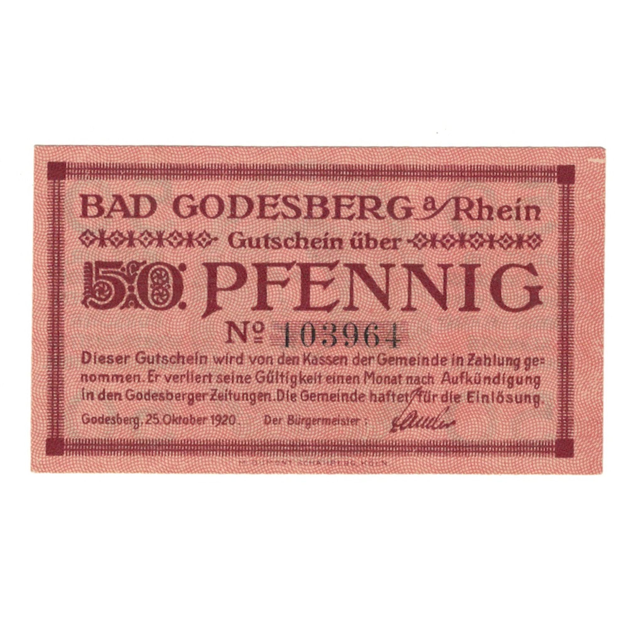 Banknote, Germany, Godesberg Bad Stadt, 50 Pfennig, personnage, 1920