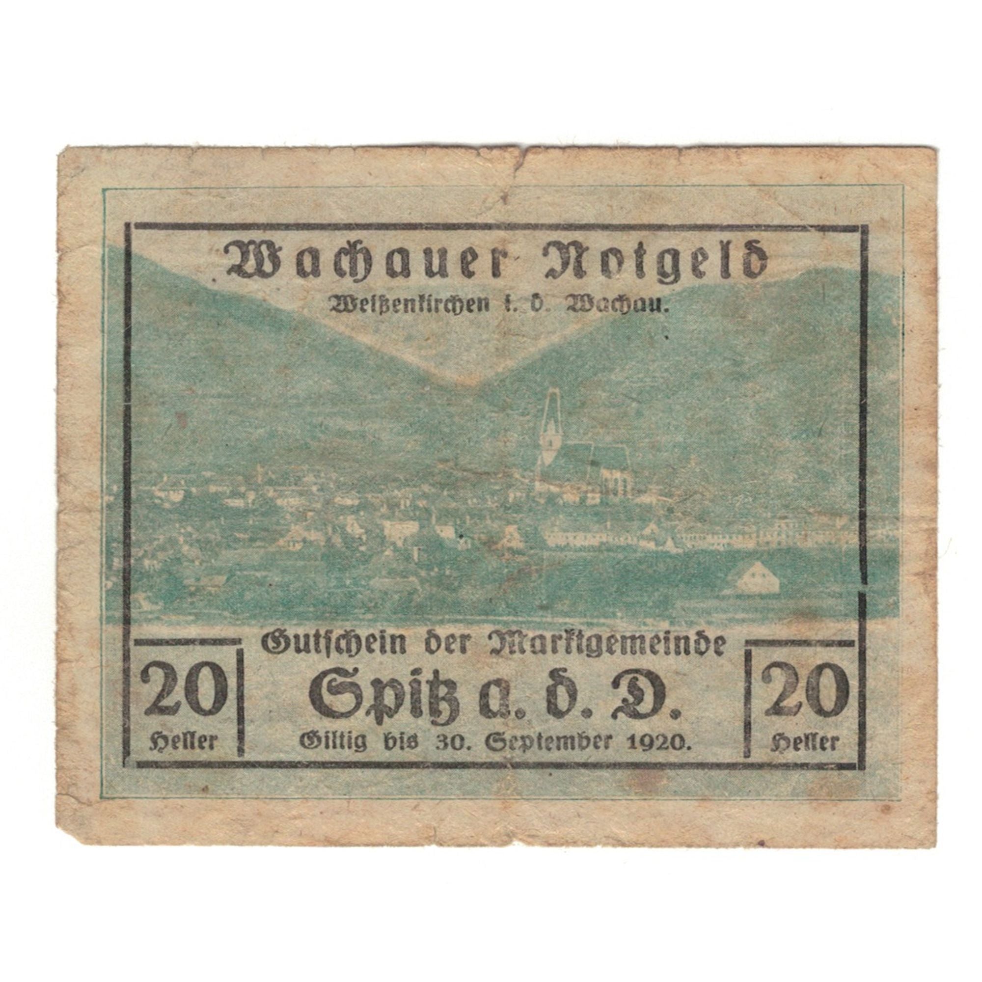Billete, Austria, Wachauer Notgeld - Spitz - Kirche N.Ö. Gemeinde, 20 Heller