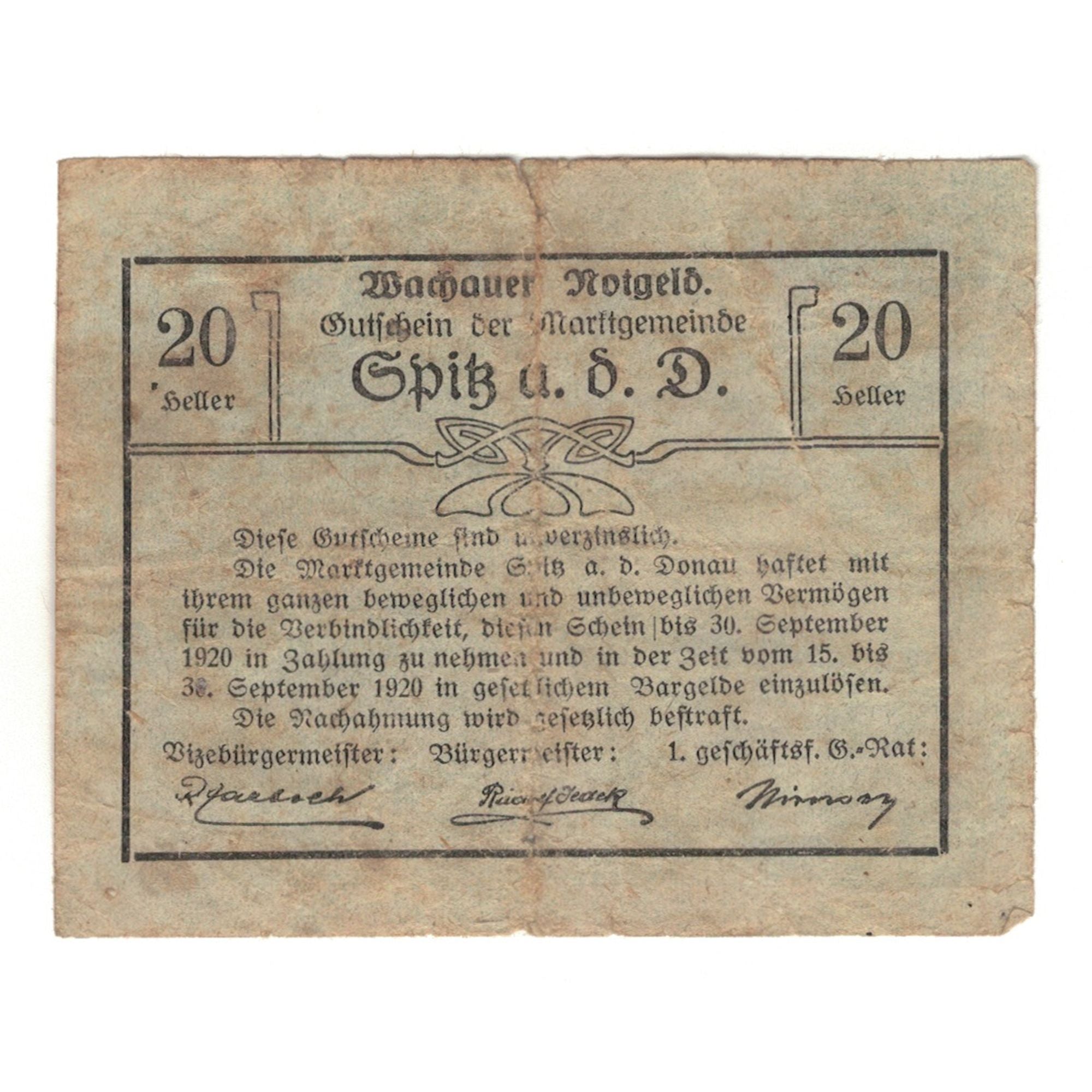 Billete, Austria, Wachauer Notgeld - Spitz - Kirche N.Ö. Gemeinde, 20 Heller