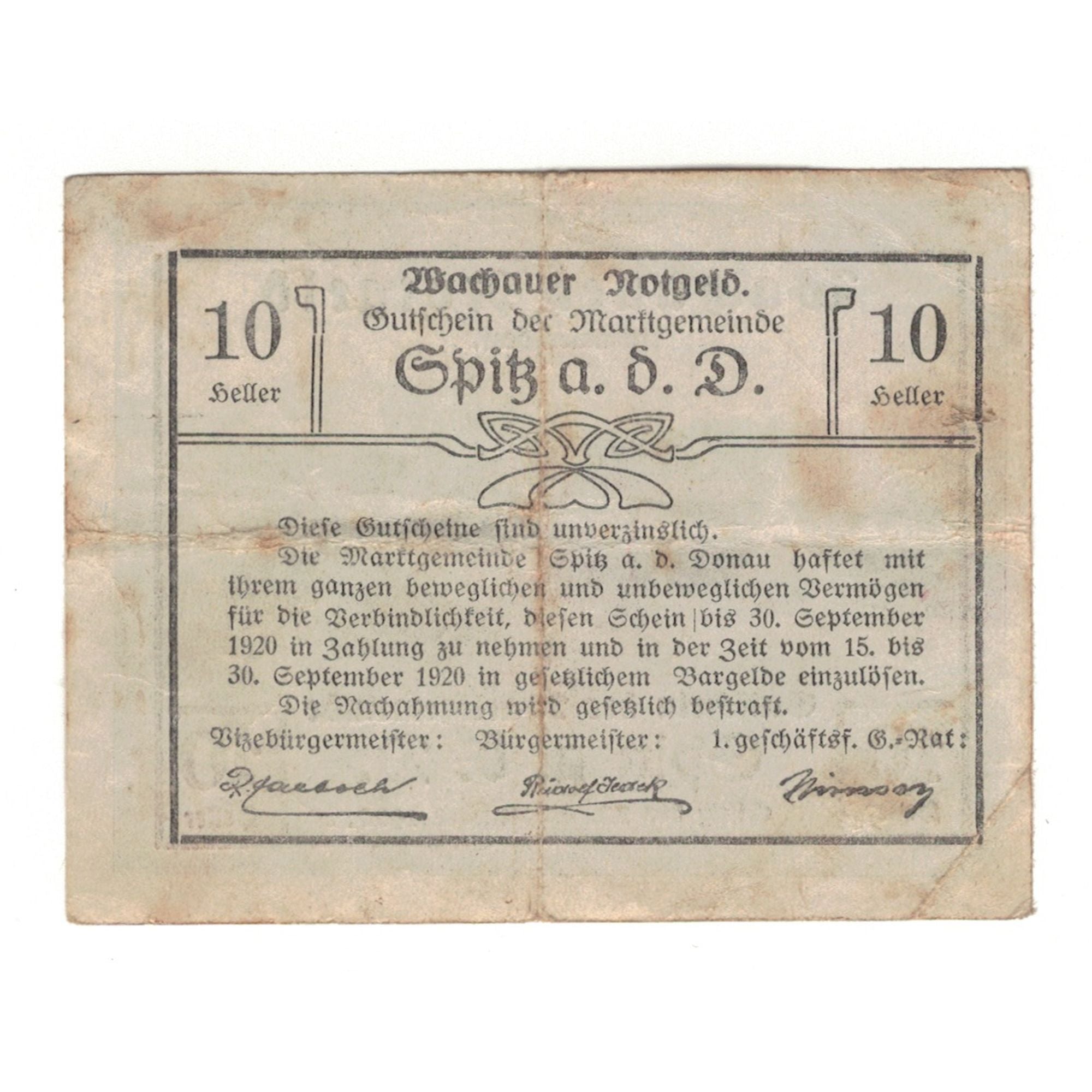 Biljet, Oostenrijk, Wachauer Notgeld - Spitz - Kirche N.Ö. Gemeinde, 10 Heller