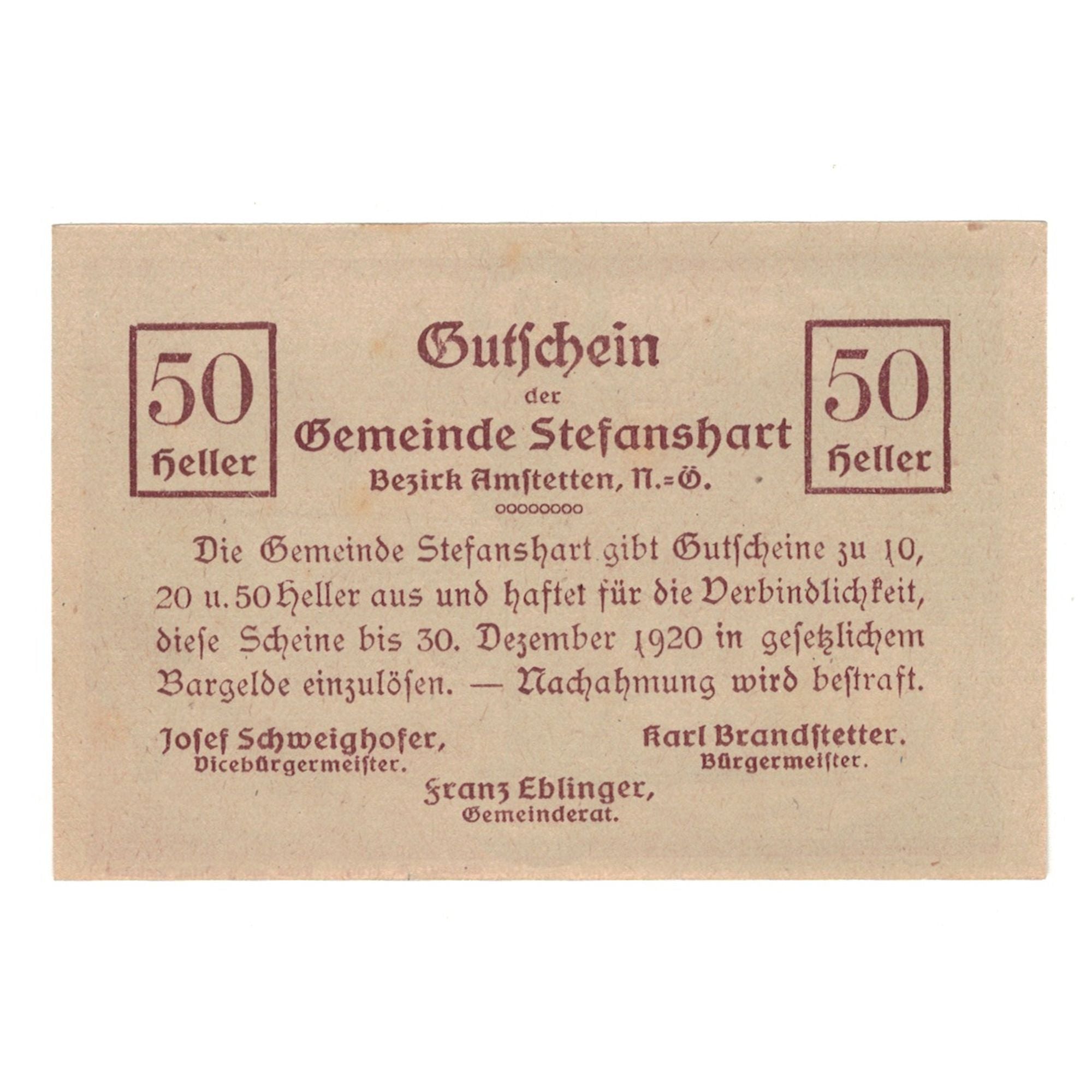 Banknote, Austria, Stefanshart Bezirk Amstetten N.Ö. Gemeinde, 50 Heller