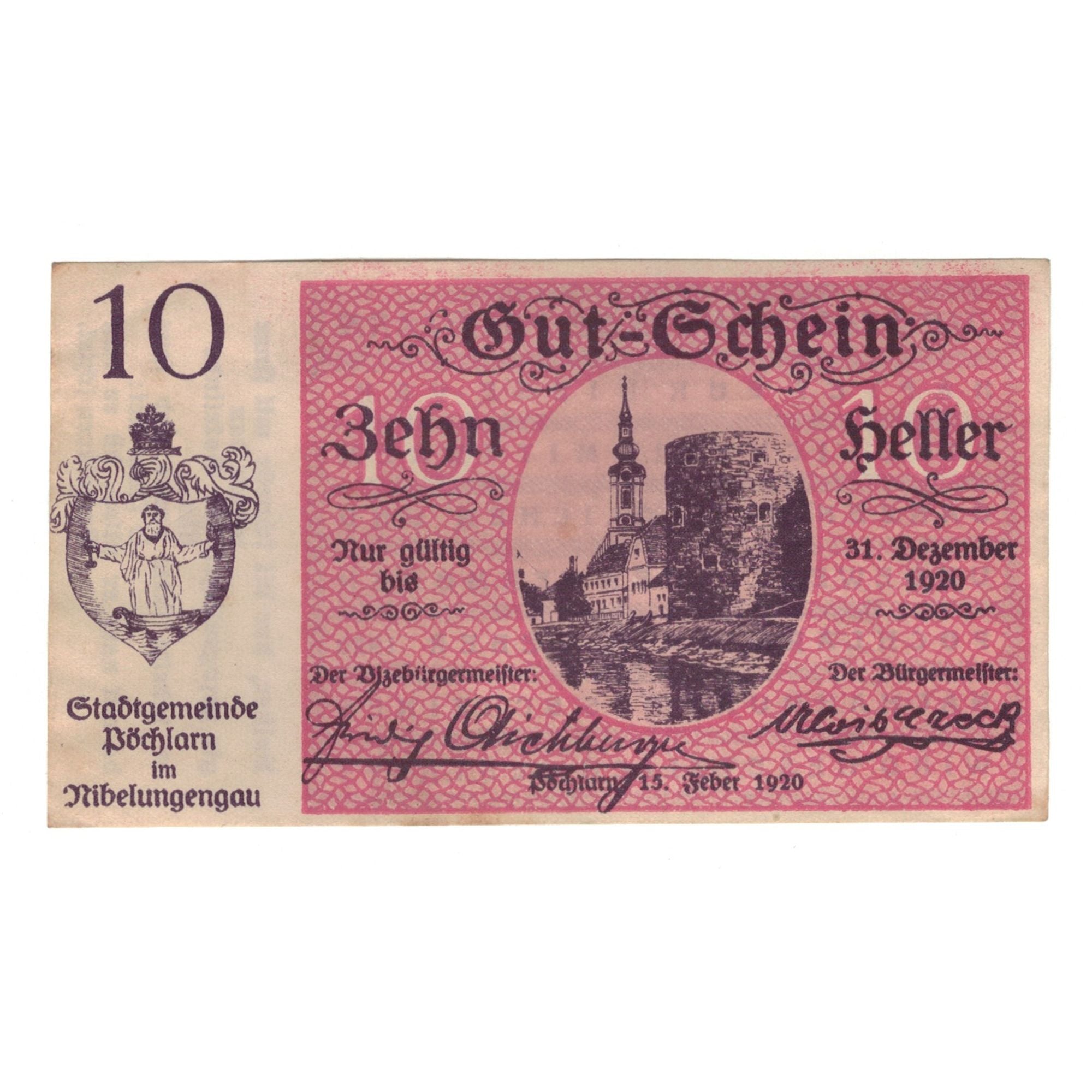 Banknote, Austria, Pöchlarn N.Ö. Stadtgemeinde, 10 Heller, village, 1920