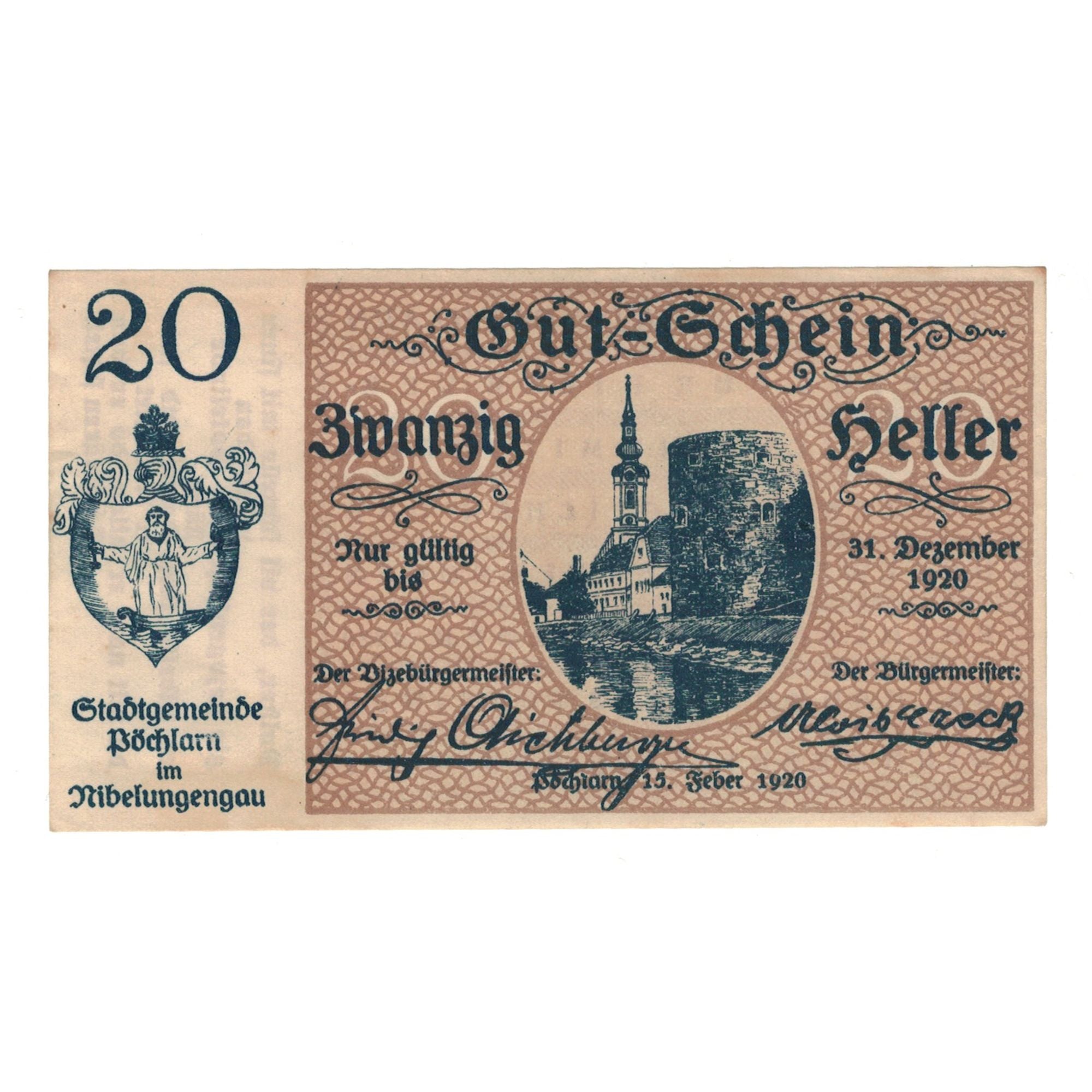 Banknote, Austria, Pöchlarn N.Ö. Stadtgemeinde, 20 Heller, village, 1920
