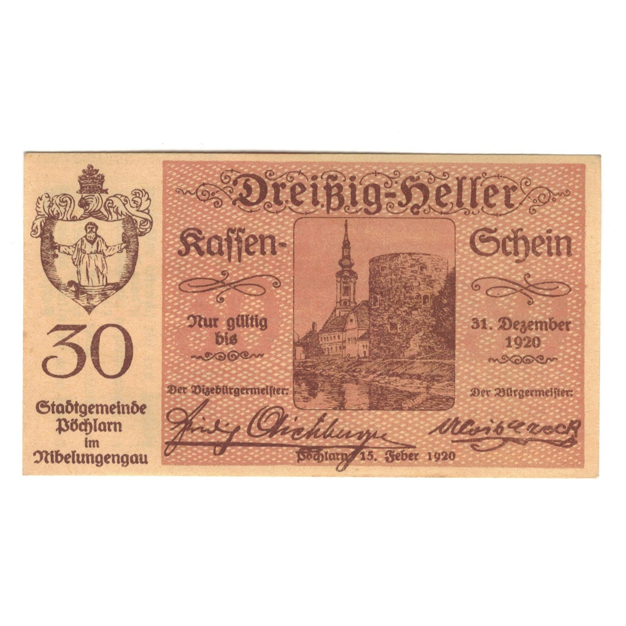Banknote, Austria, Pöchlarn N.Ö. Stadtgemeinde, 30 Heller, village, 1920