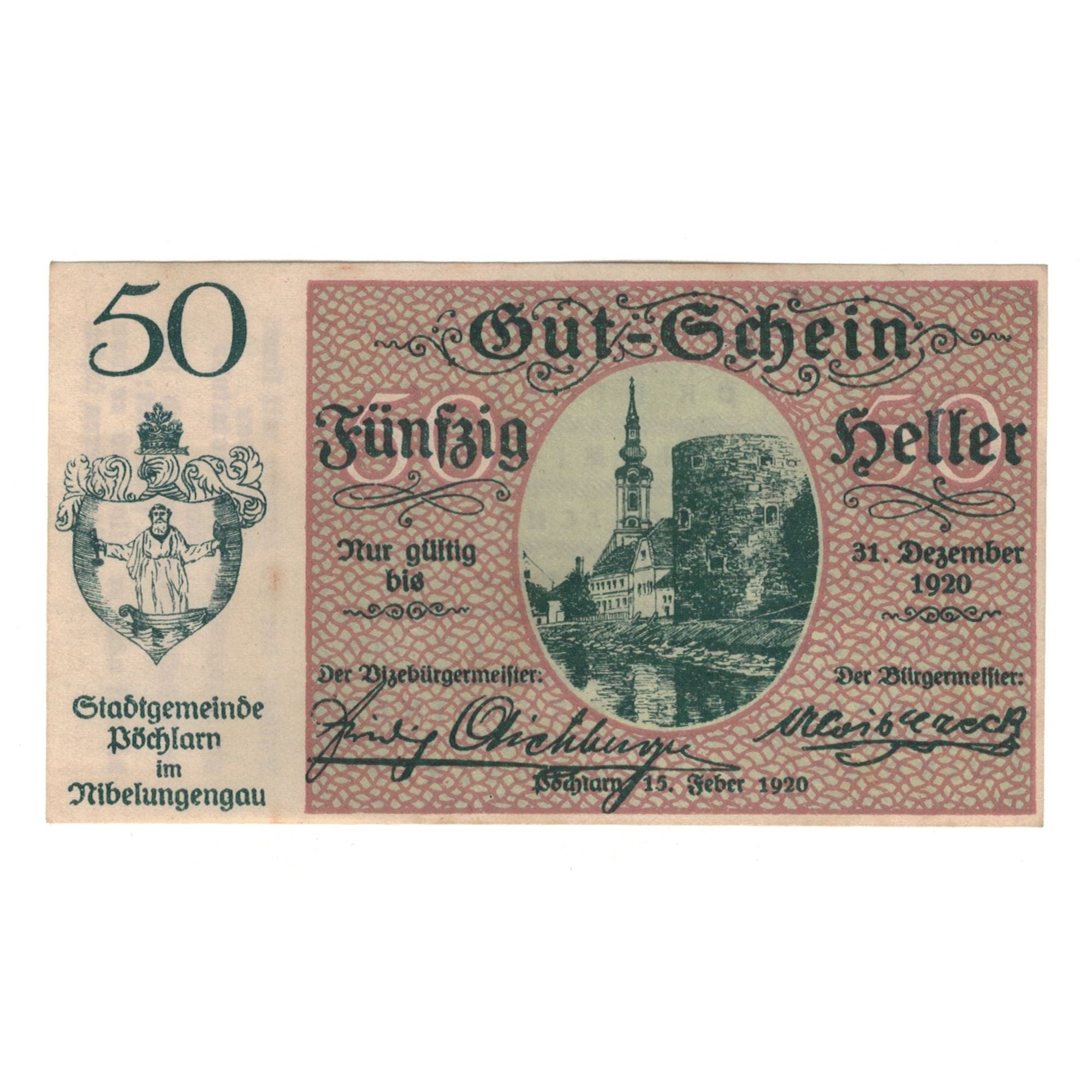 Banknote, Austria, Pöchlarn N.Ö. Stadtgemeinde, 50 Heller, village, 1920