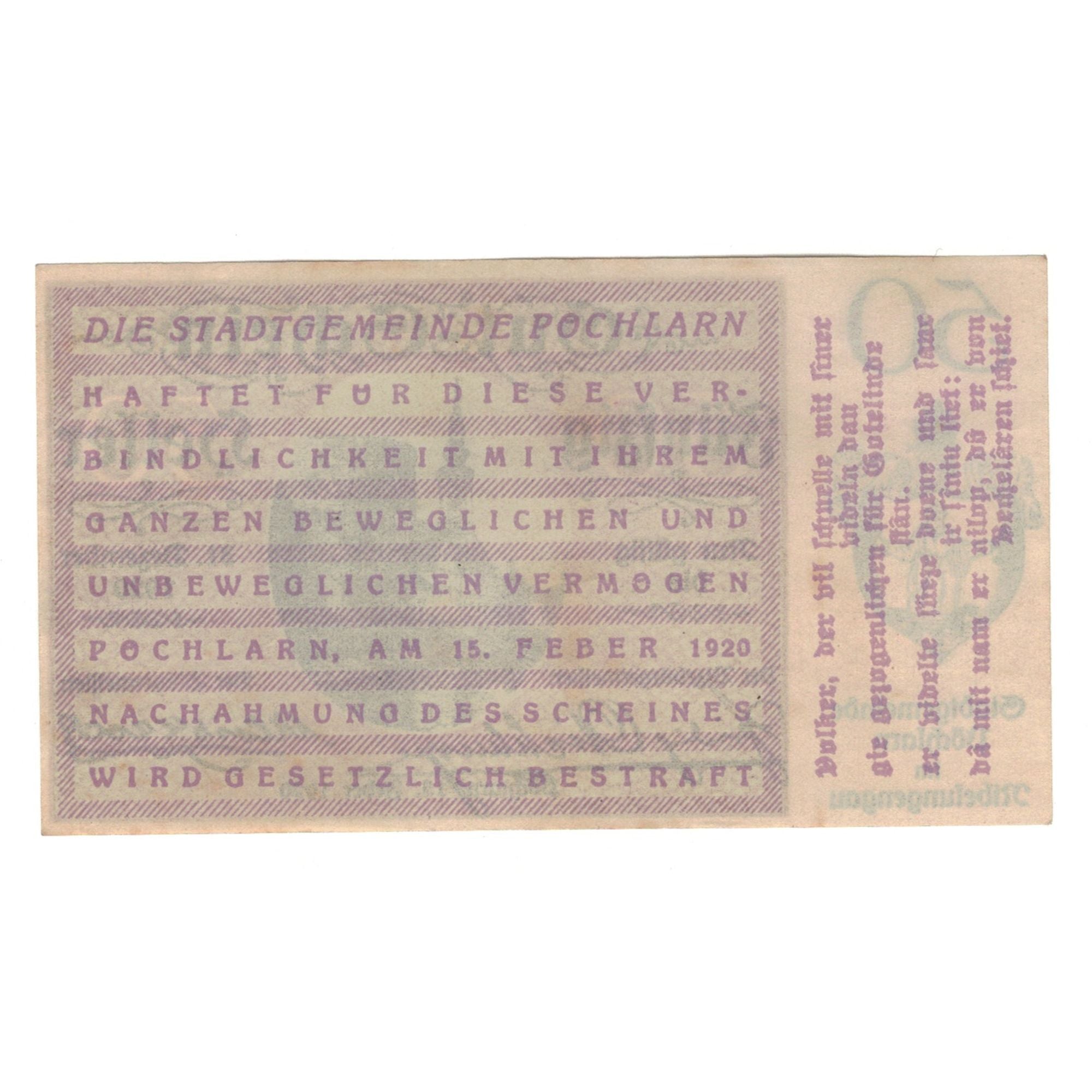 Banknote, Austria, Pöchlarn N.Ö. Stadtgemeinde, 50 Heller, village, 1920