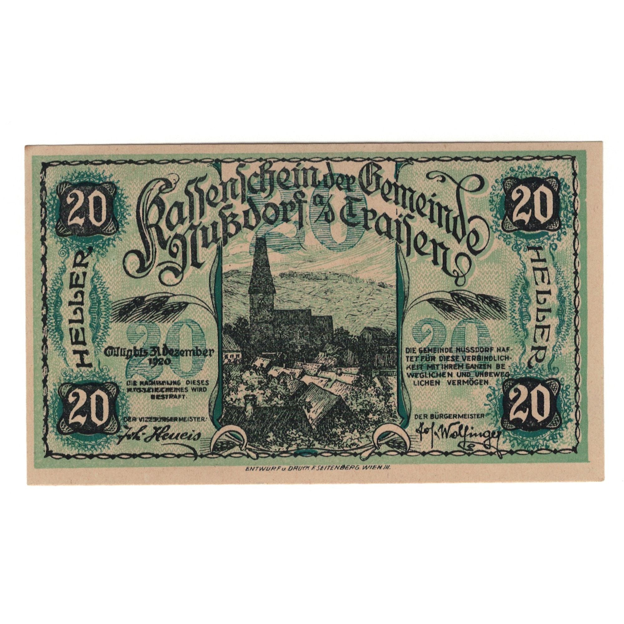 Geldschein, Österreich, Nußdorf an der Traisen N.Ö. Gemeinde, 20 Heller